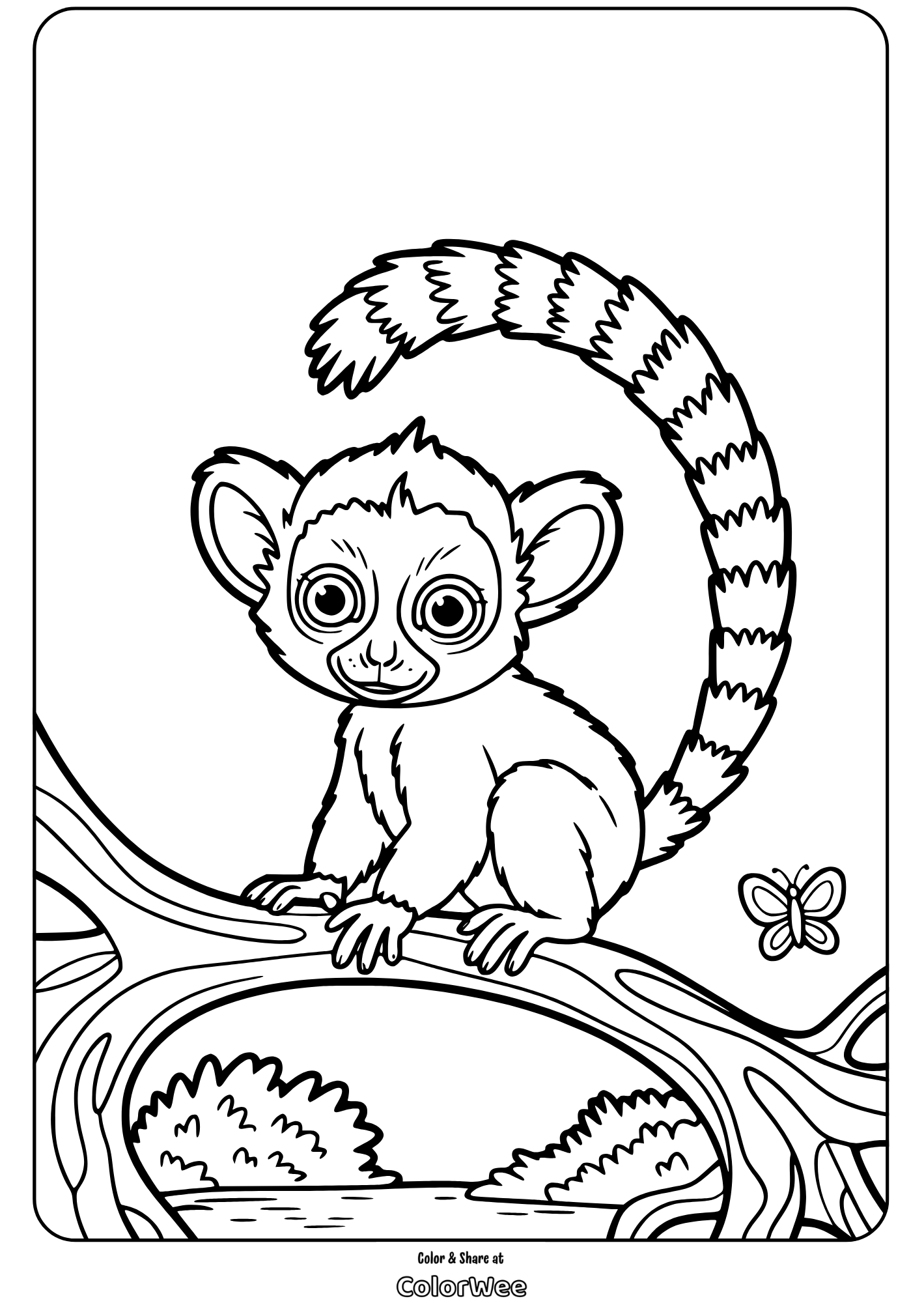 Cute lemur coloring page with butterfly and tree branch.
