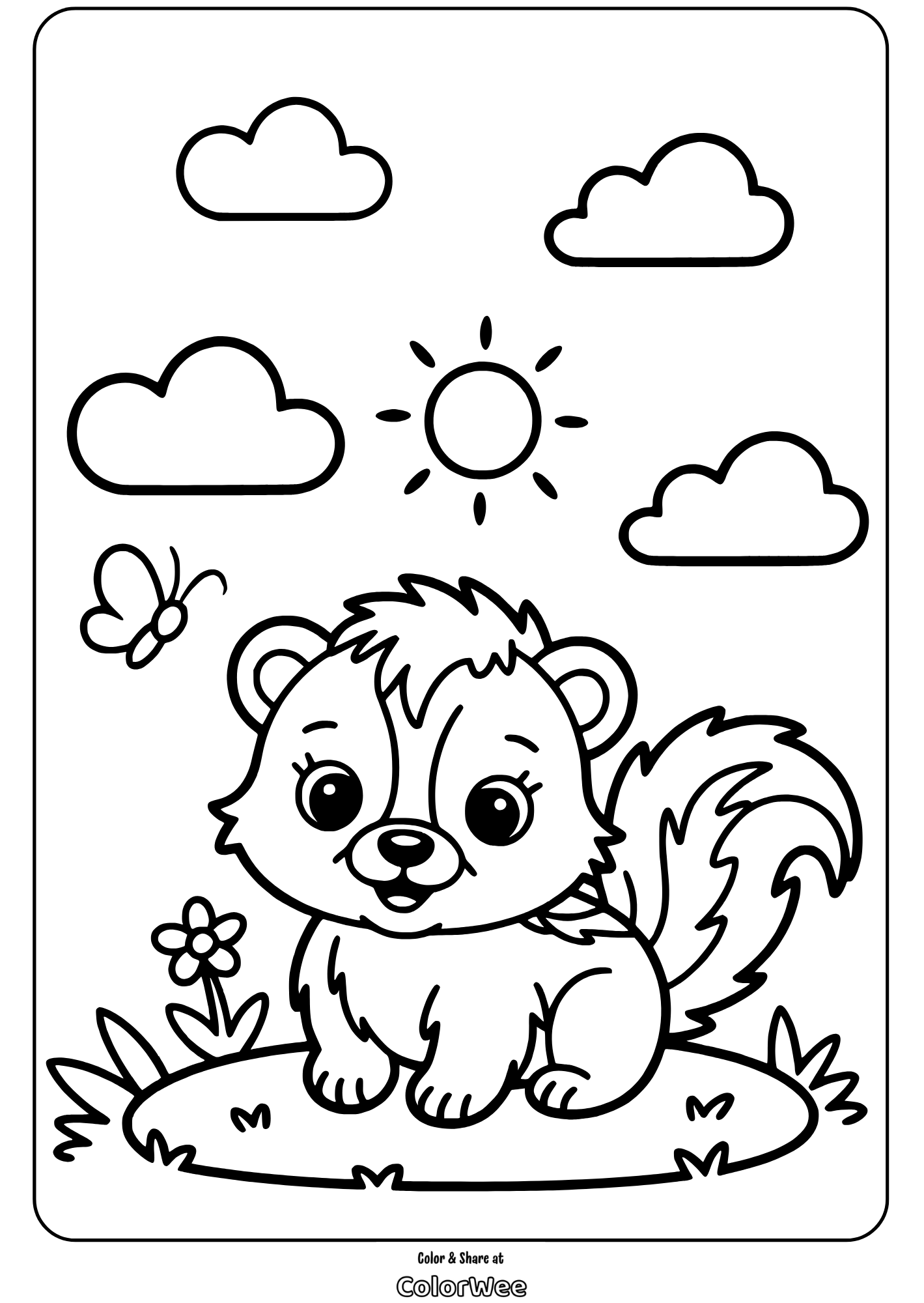 Cute skunk and butterfly under sunny sky coloring page.