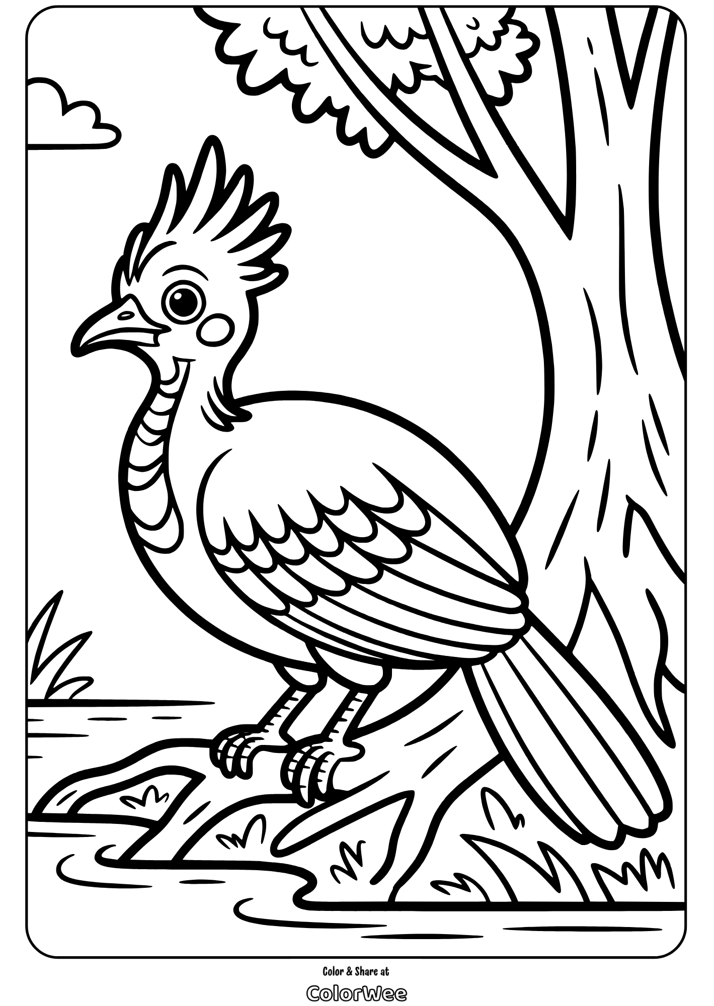 Coloring page of a bird by a tree and river