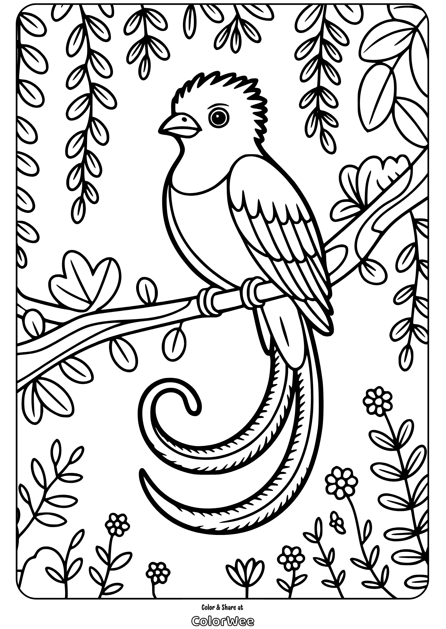 Bird perched on branch, detailed coloring page with foliage.