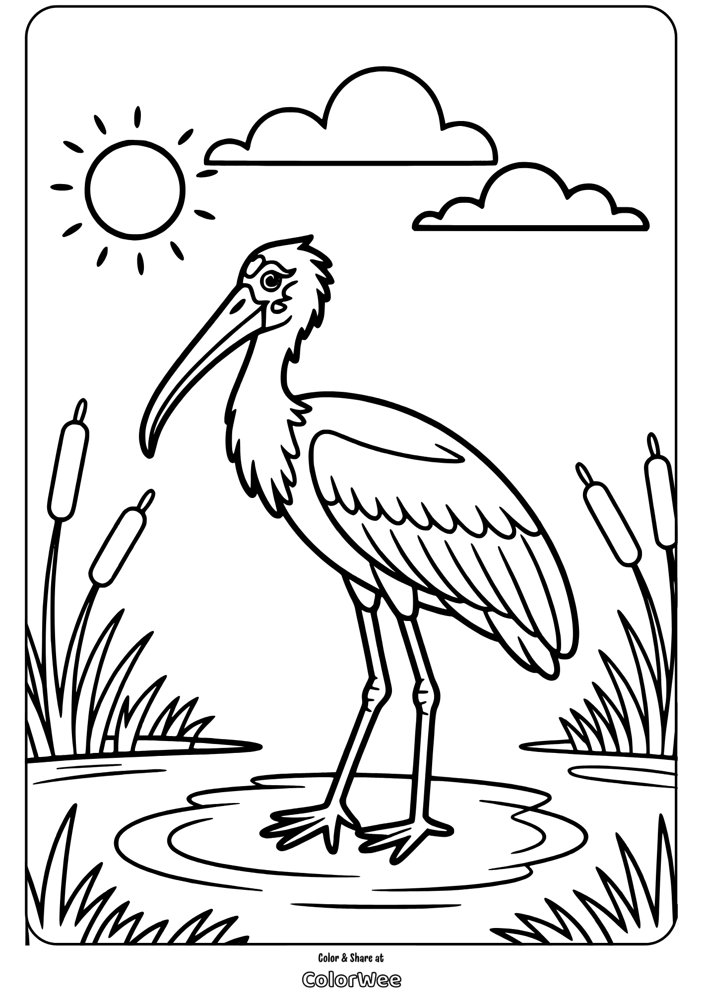 Stork in wetland coloring page with bright sun and clouds.
