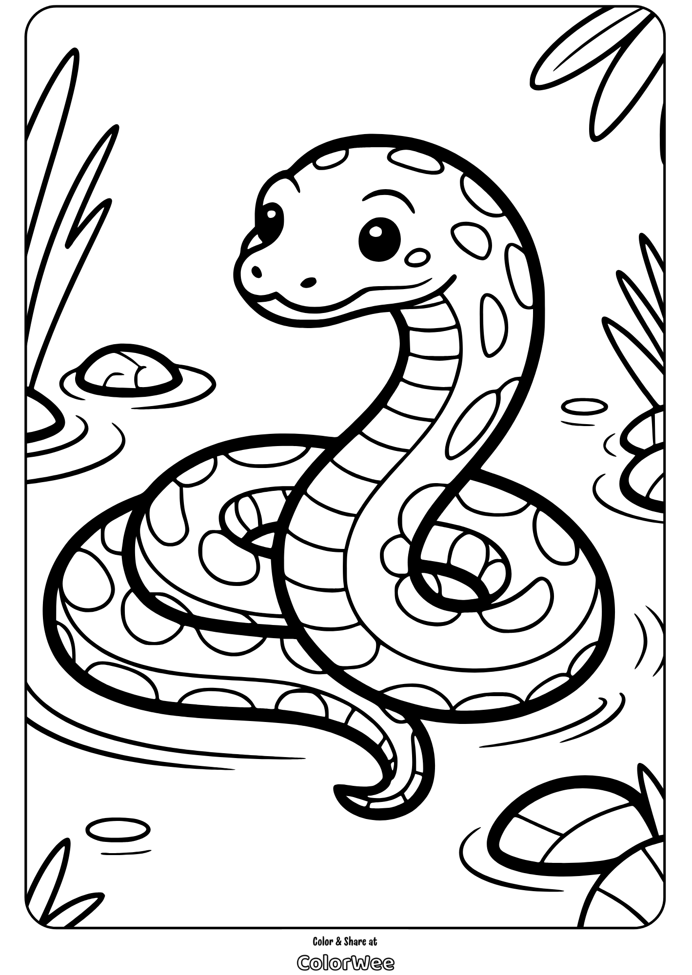 Cute snake in pond coloring page for kids.