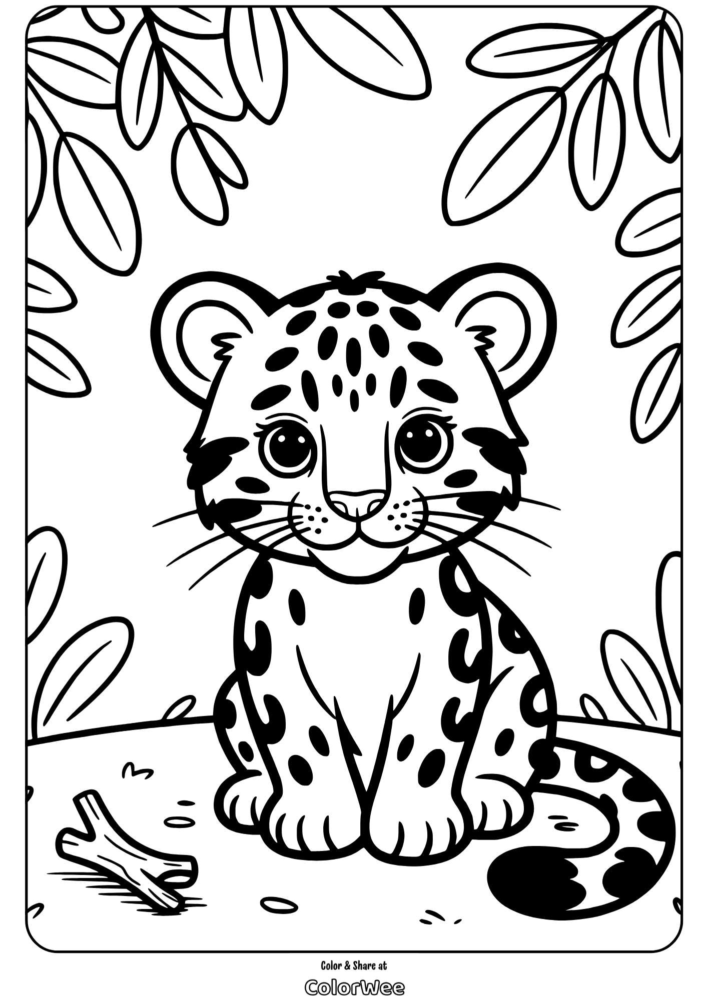 Cute leopard cub coloring page with leaves background.