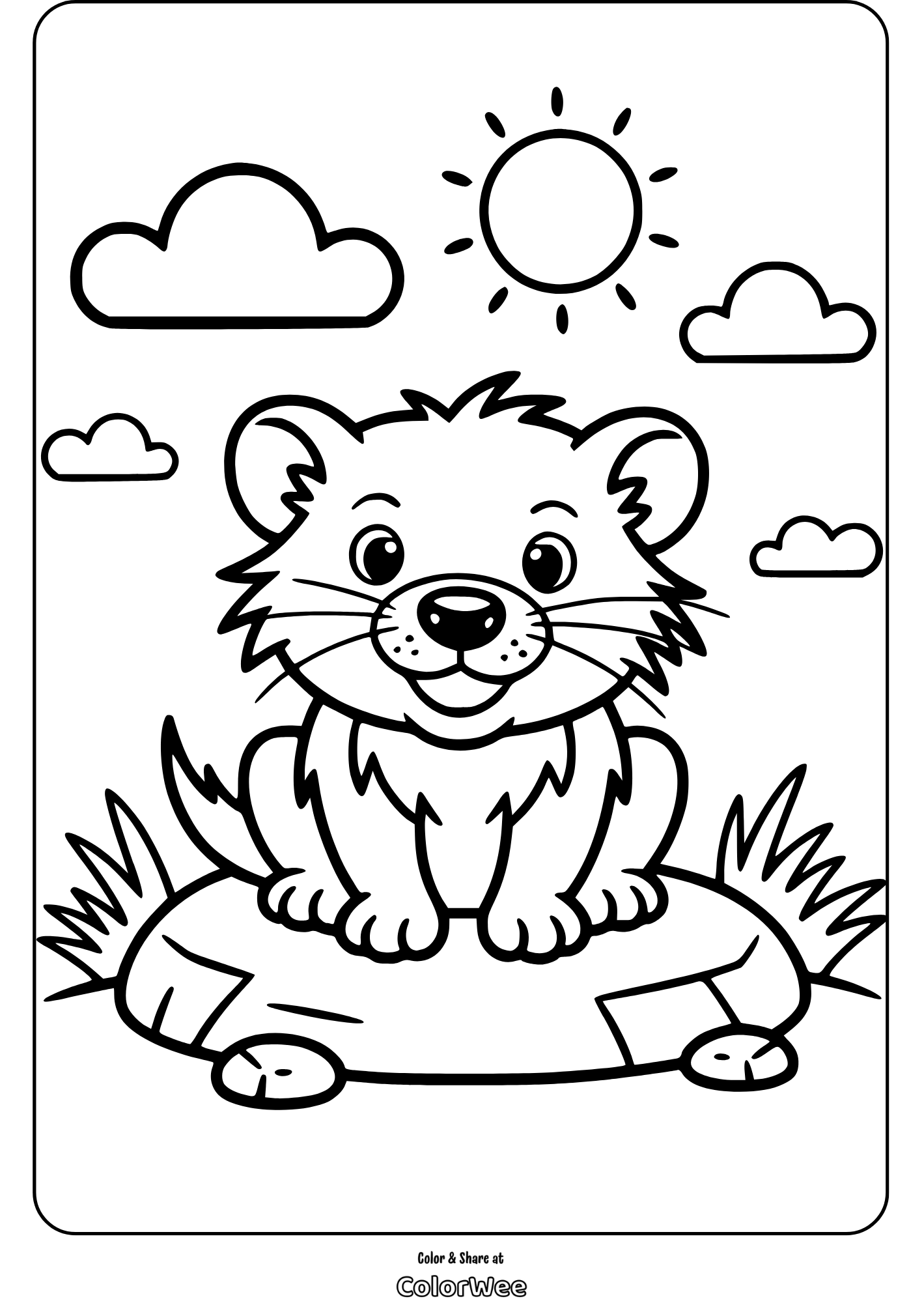 Cute lion cub coloring page with sun and clouds.
