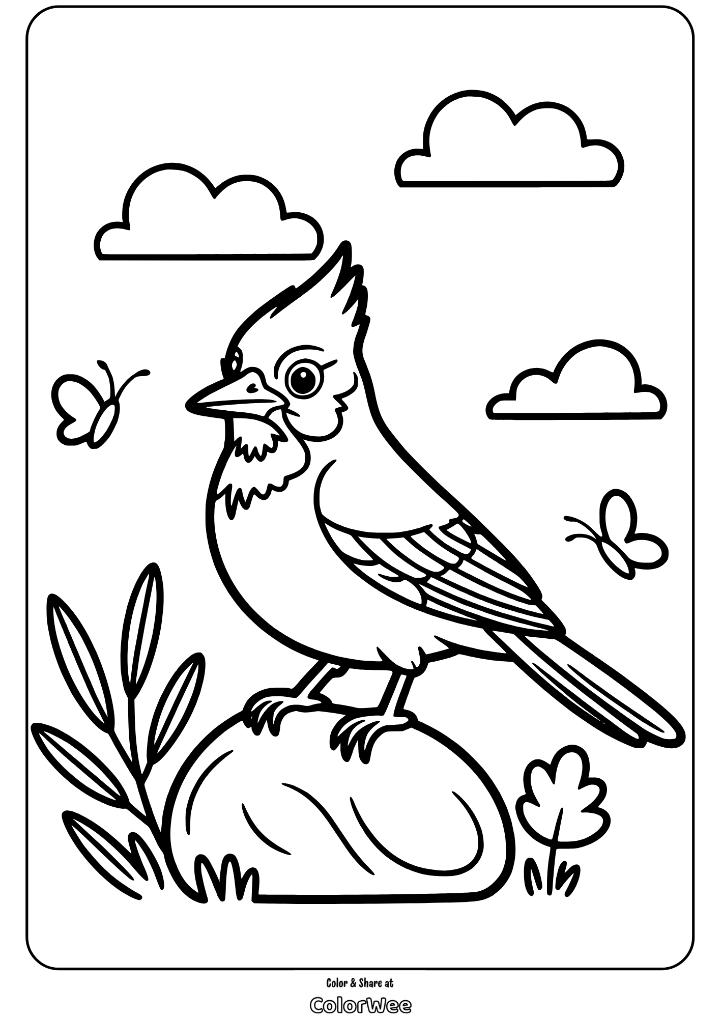 Coloring page of a bird on a rock with butterflies and clouds.