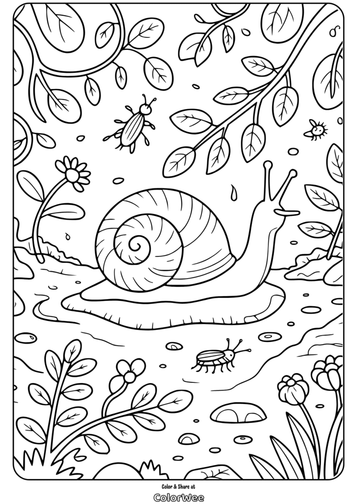 garden insect snail nature coloring page Snail and Bugs in a Garden Coloring Page