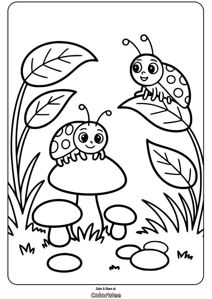 garden insects ladybug and mushrooms coloring page Ladybugs coloring page with mushrooms and leaves scene.