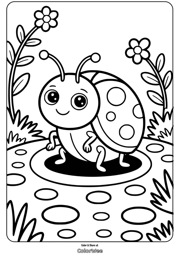 Cute ladybug coloring page with flowers and grass.