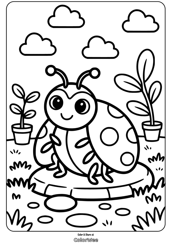 Cute ladybug coloring page with plants and clouds for kids.