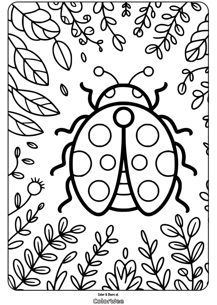 Ladybug coloring page with leaves and floral design.