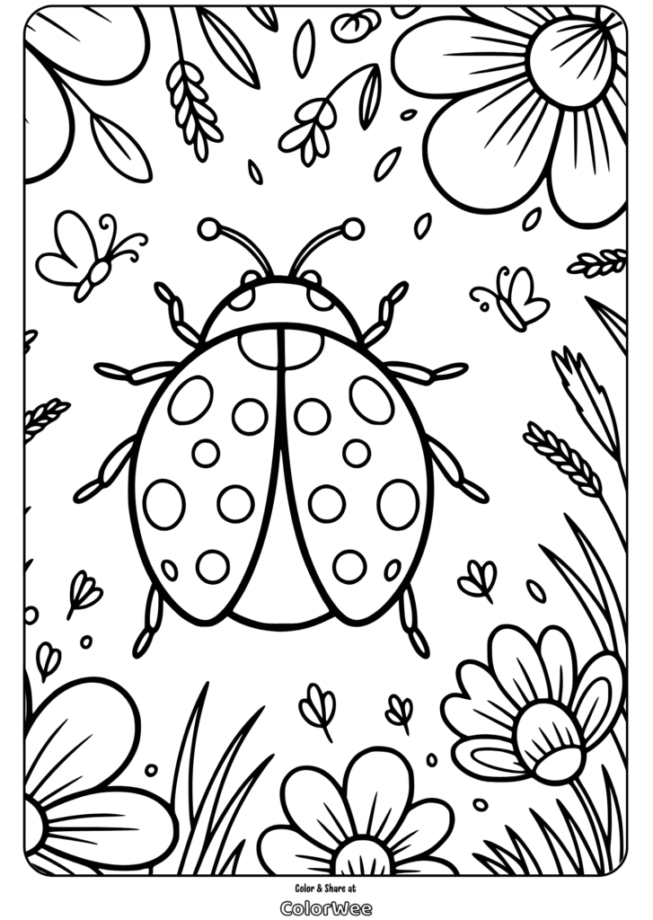 Ladybug and flowers coloring page with butterflies and leaves.
