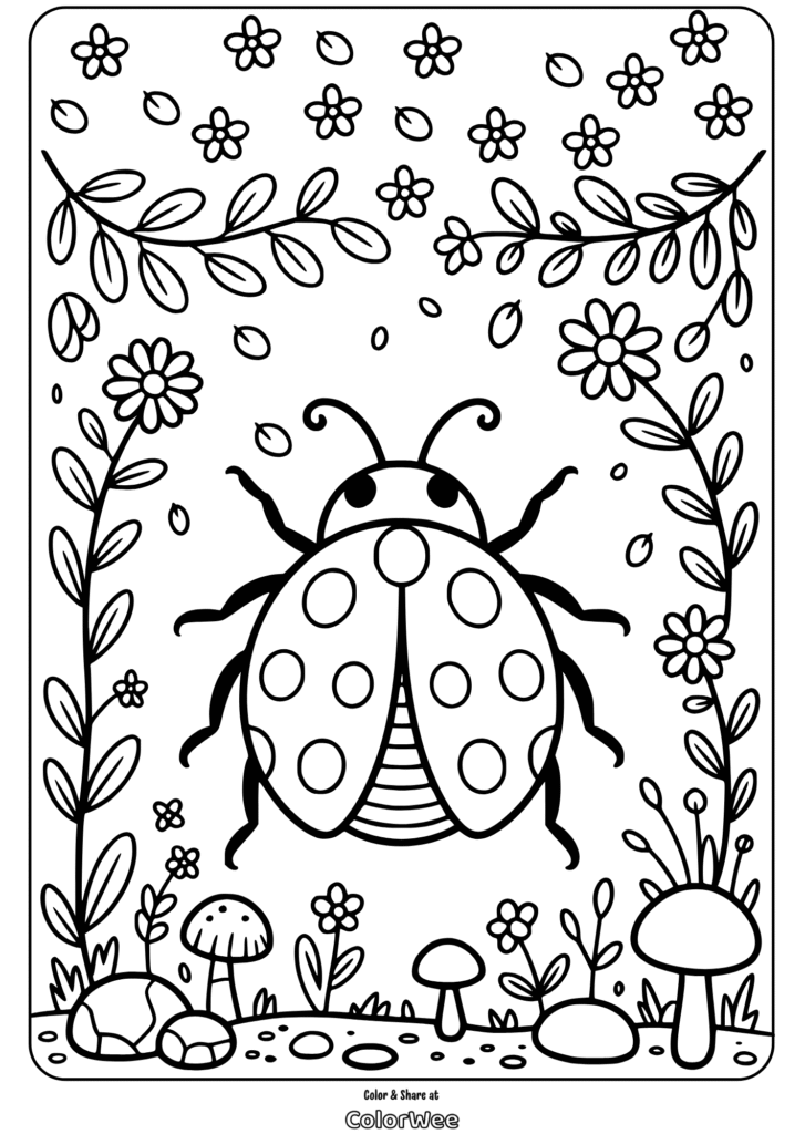 Ladybug coloring page with flowers and mushrooms
