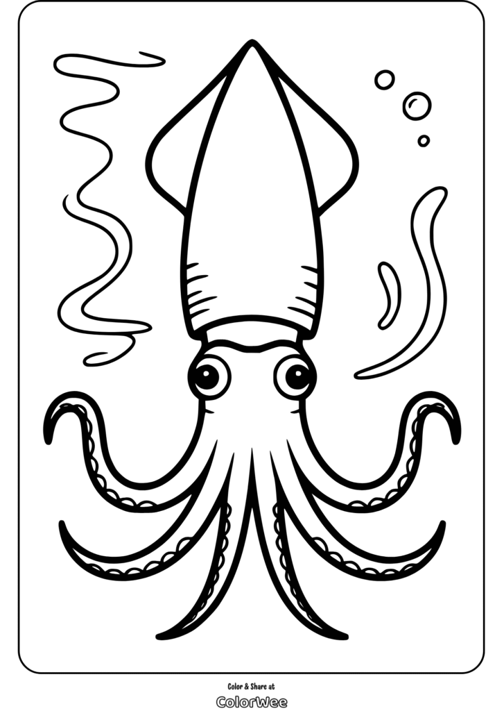 Squid coloring page for kids and ocean-themed activities.