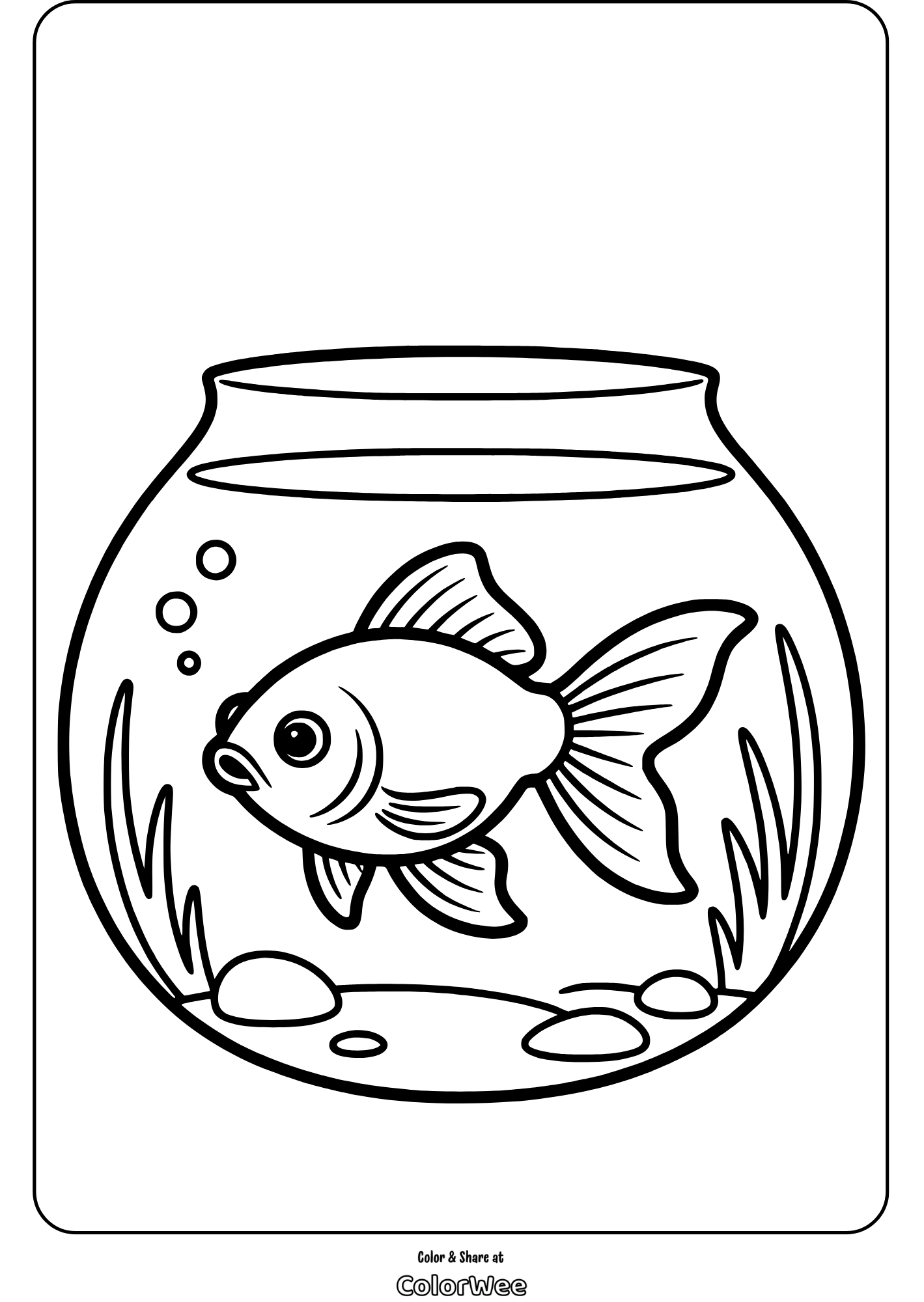 Goldfish in a bowl coloring page for kids.