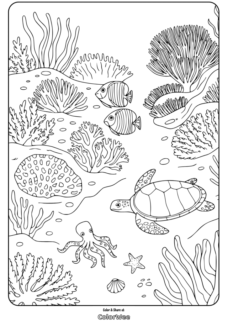 Underwater sea life coloring page with fish, turtle, octopus, and coral.
