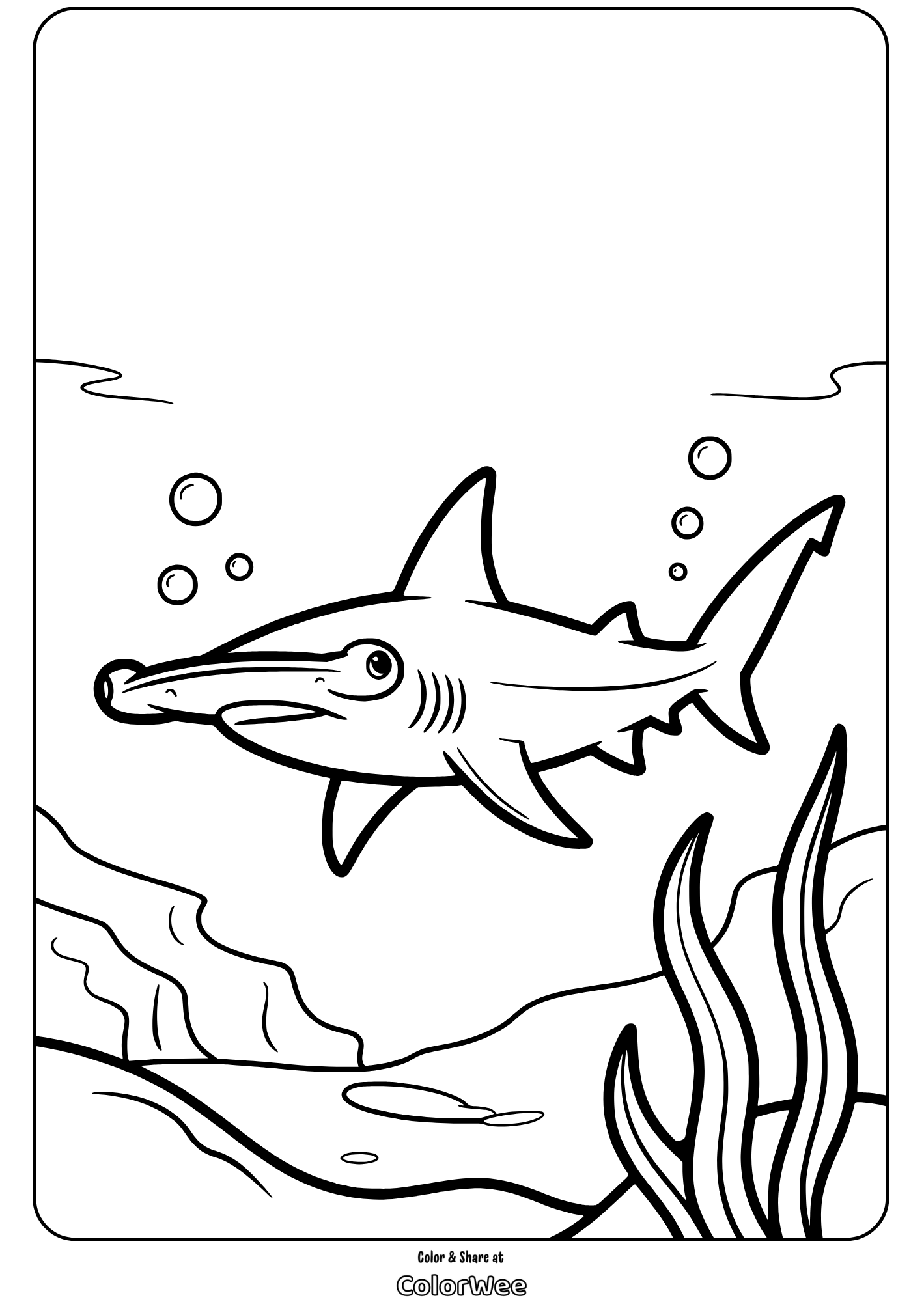 Hammerhead shark coloring page for kids' ocean adventure.