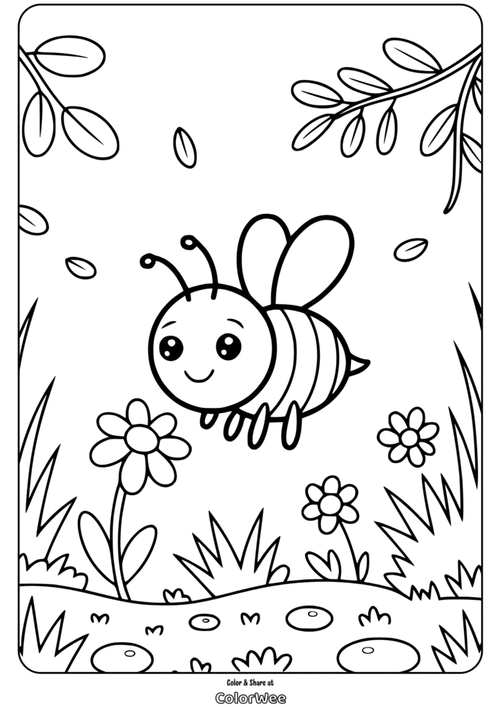 happy flying insect bee flower garden coloring page Cute bee coloring page with flowers and leaves.