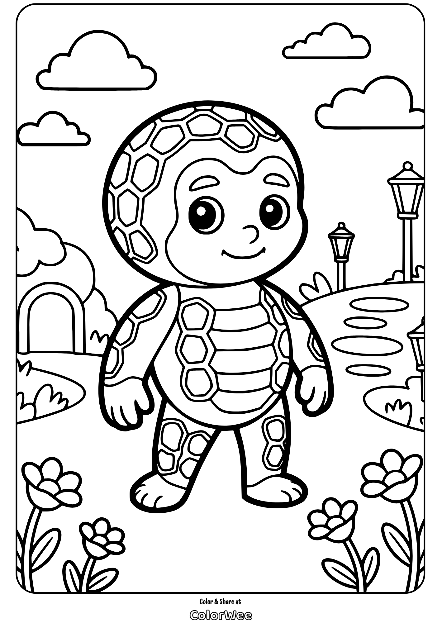 honeycomb patterns creature meadow peace coloring page Cute turtle character in a garden coloring page.