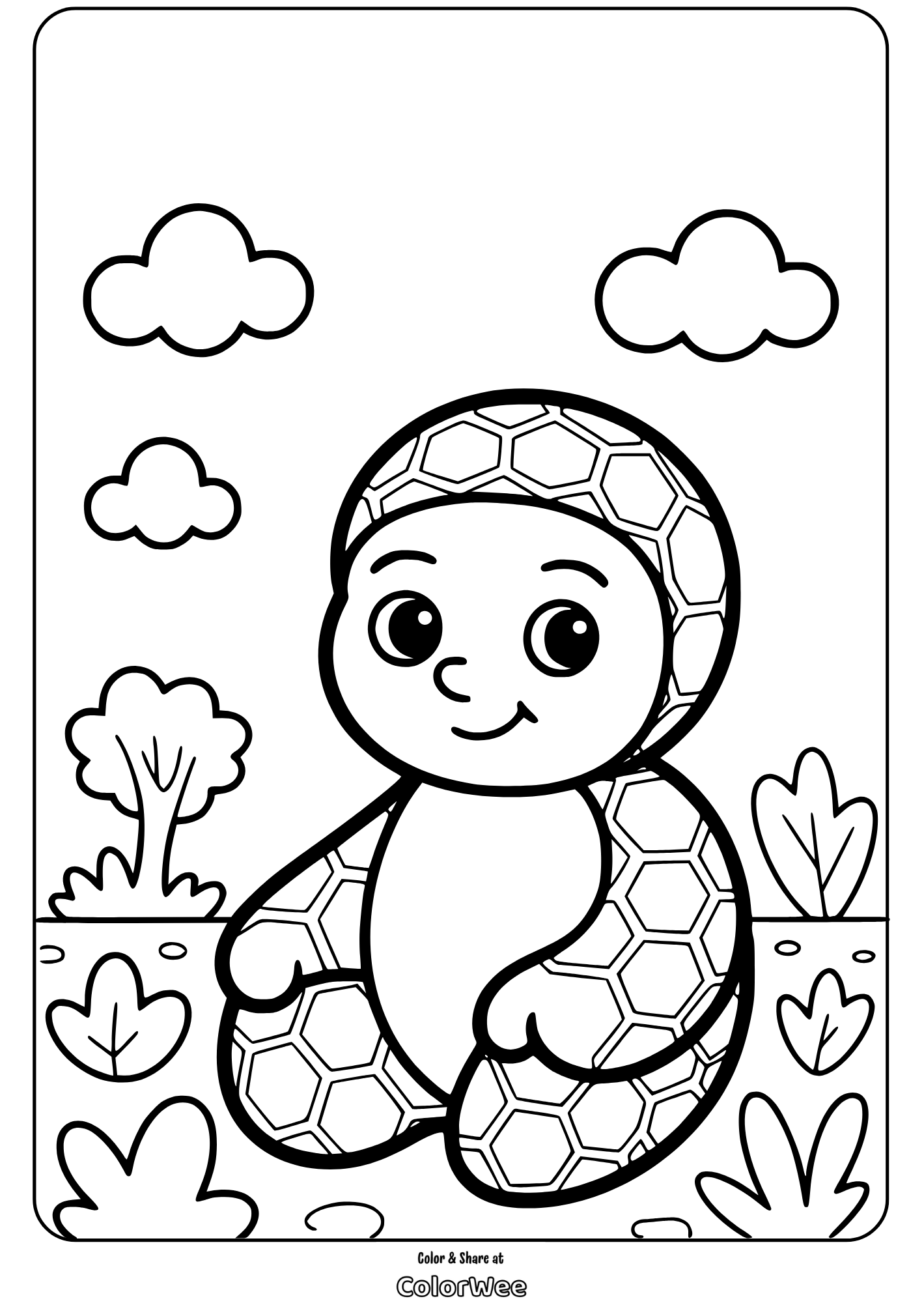 honeycomb patterns garden character coloring page Cute turtle coloring page for kids, outdoor scene with trees and clouds.