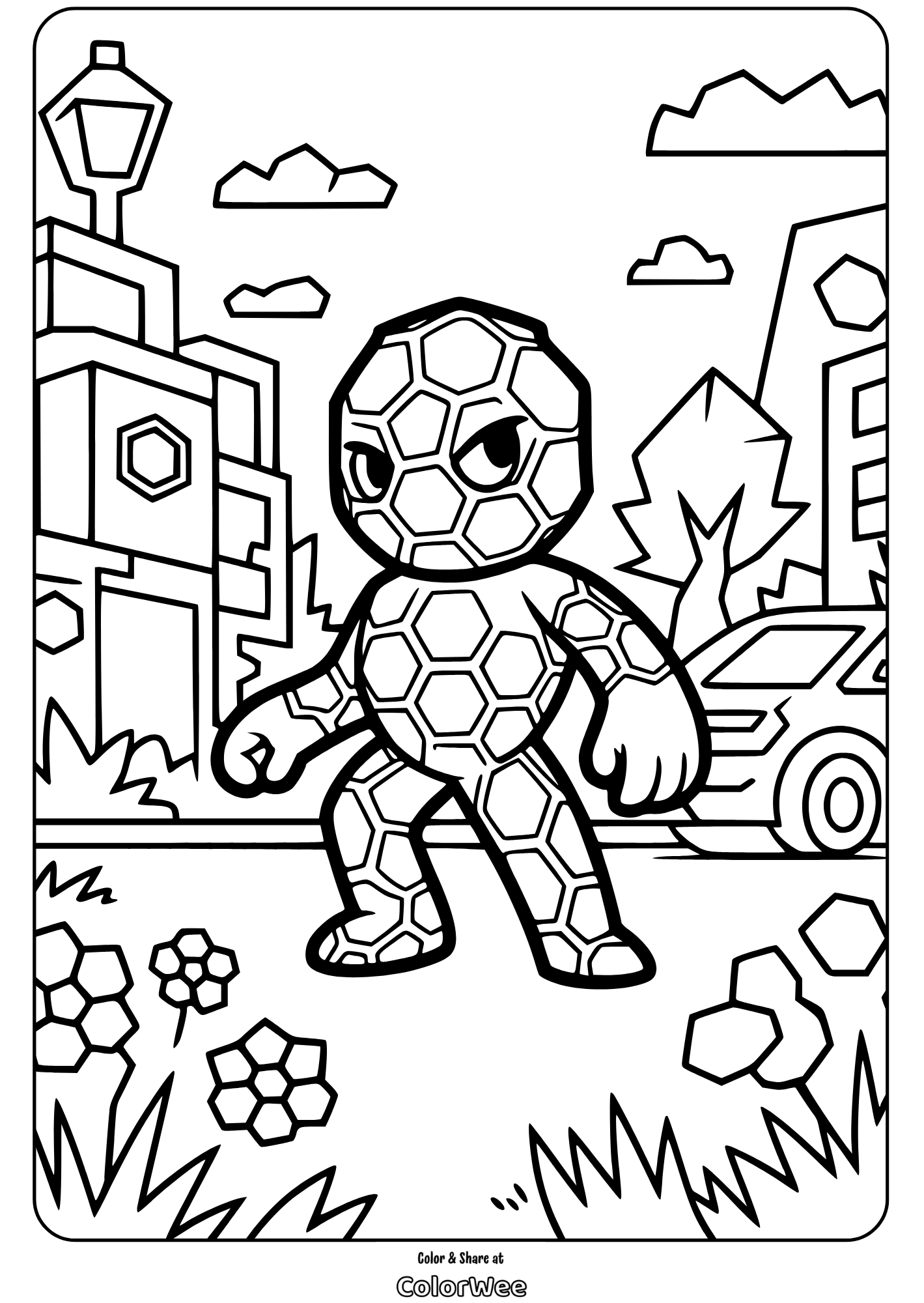 honeycomb patterns geometric guardian coloring page Hexagon hero in urban street coloring page.