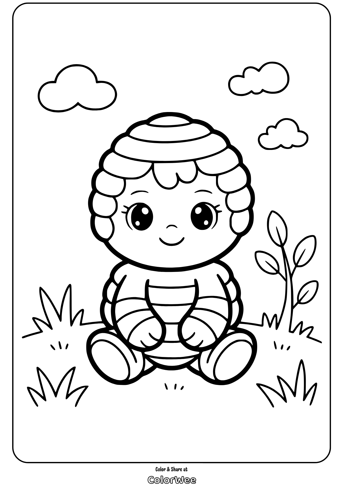 honeycomb patterns meadow character coloring page Cute kids coloring page of a smiling doll in nature.