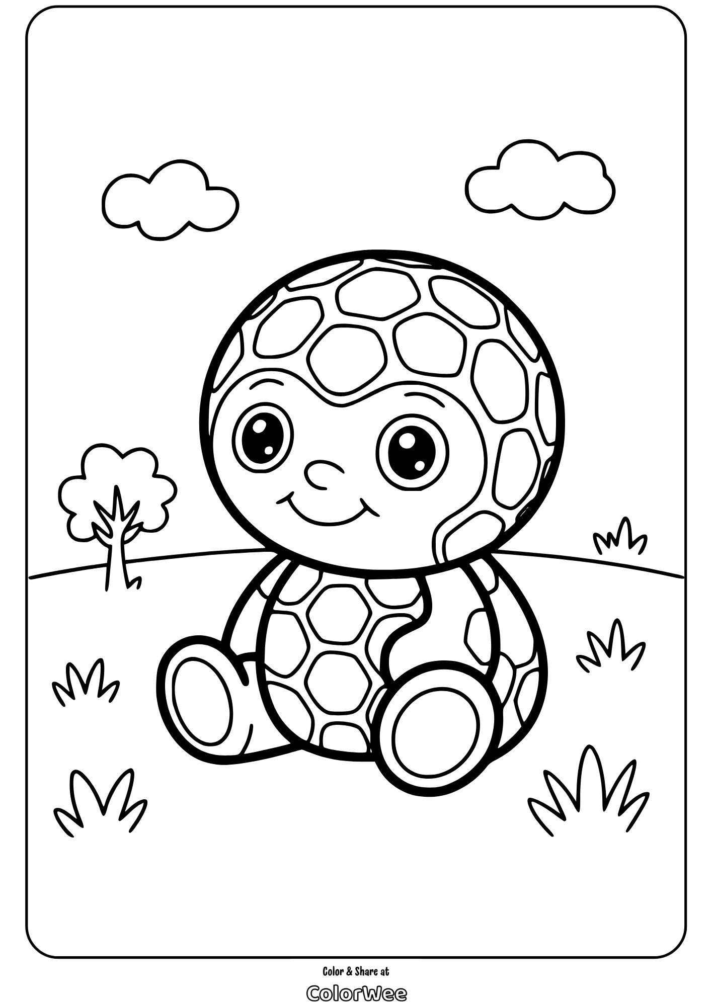 honeycomb patterns skyland character coloring page Cute turtle coloring page for kids with clouds and trees.