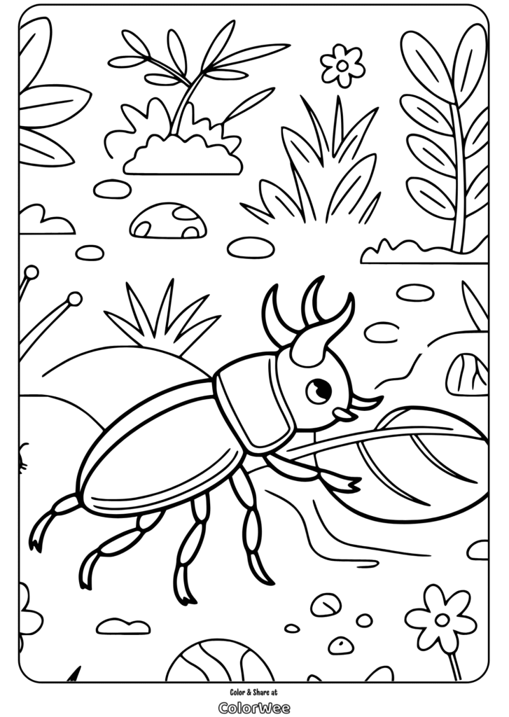 horned beetle on leaf beetle and bug coloring Stag beetle carrying leaf in forest coloring page.
