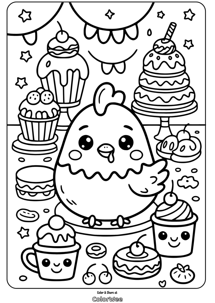 kawaii food animal chicken dessert party coloring page Cute kawaii chick with desserts coloring page.
