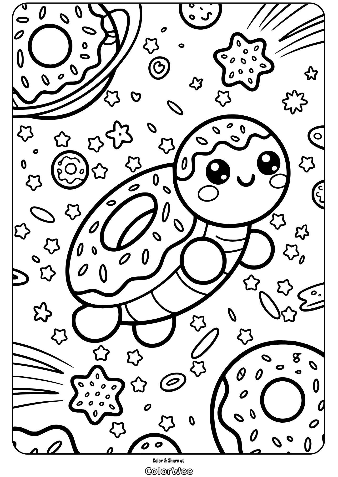 kawaii food animal donut turtle coloring page Cute turtle with donut shell in space-themed coloring page.