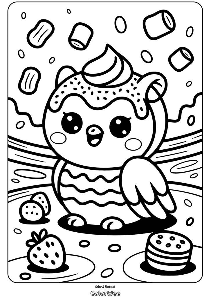 kawaii food animal owl sweet adventure coloring page Kawaii owl with dessert toppings coloring page.