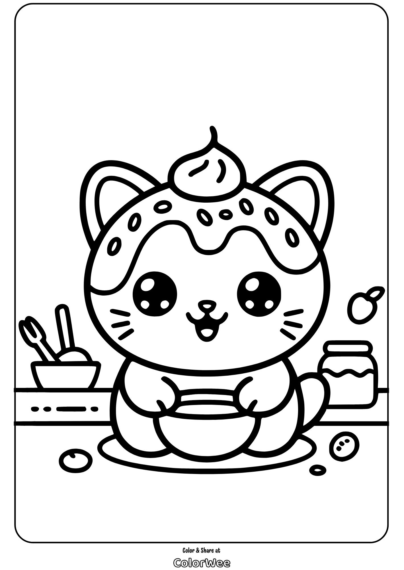 Cute kitty with dessert on head coloring page.