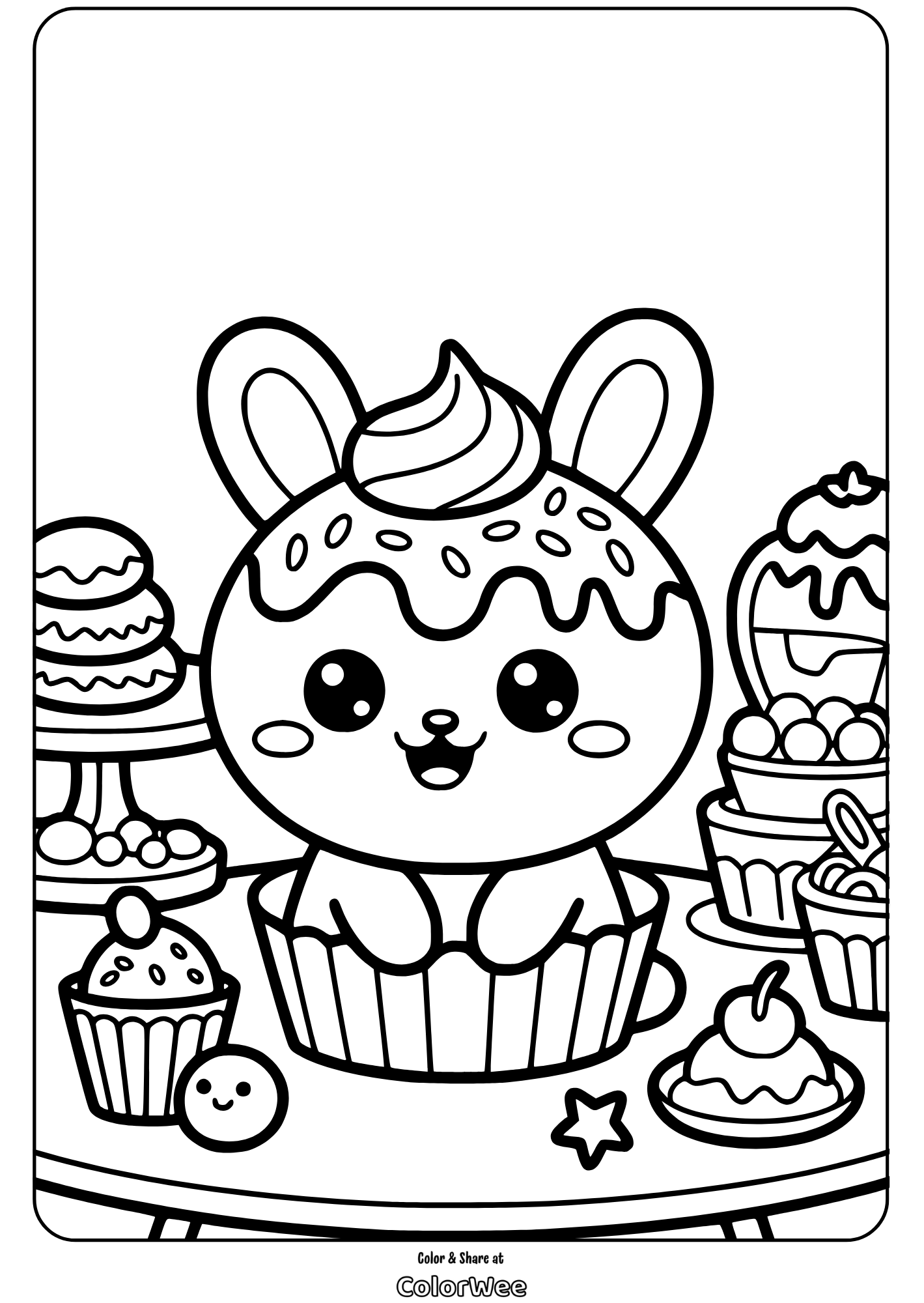 kawaii food animals bunny in cupcake dessert table coloring page Cute bunny dessert coloring page, cupcakes and sweets for kids.