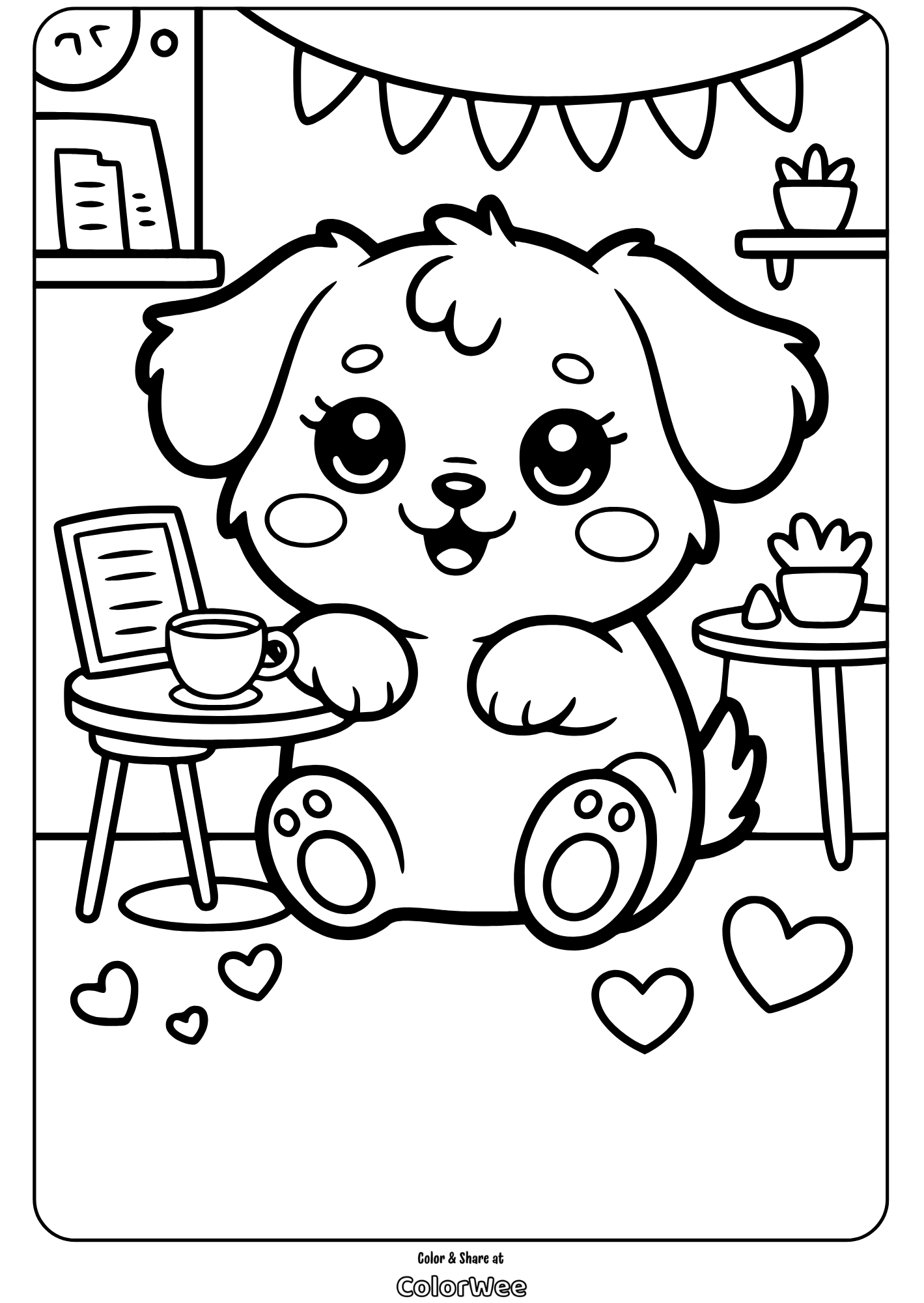 kawaii pets cafe puppy coloring page Cute puppy coloring page with coffee cups and hearts, perfect for kids.