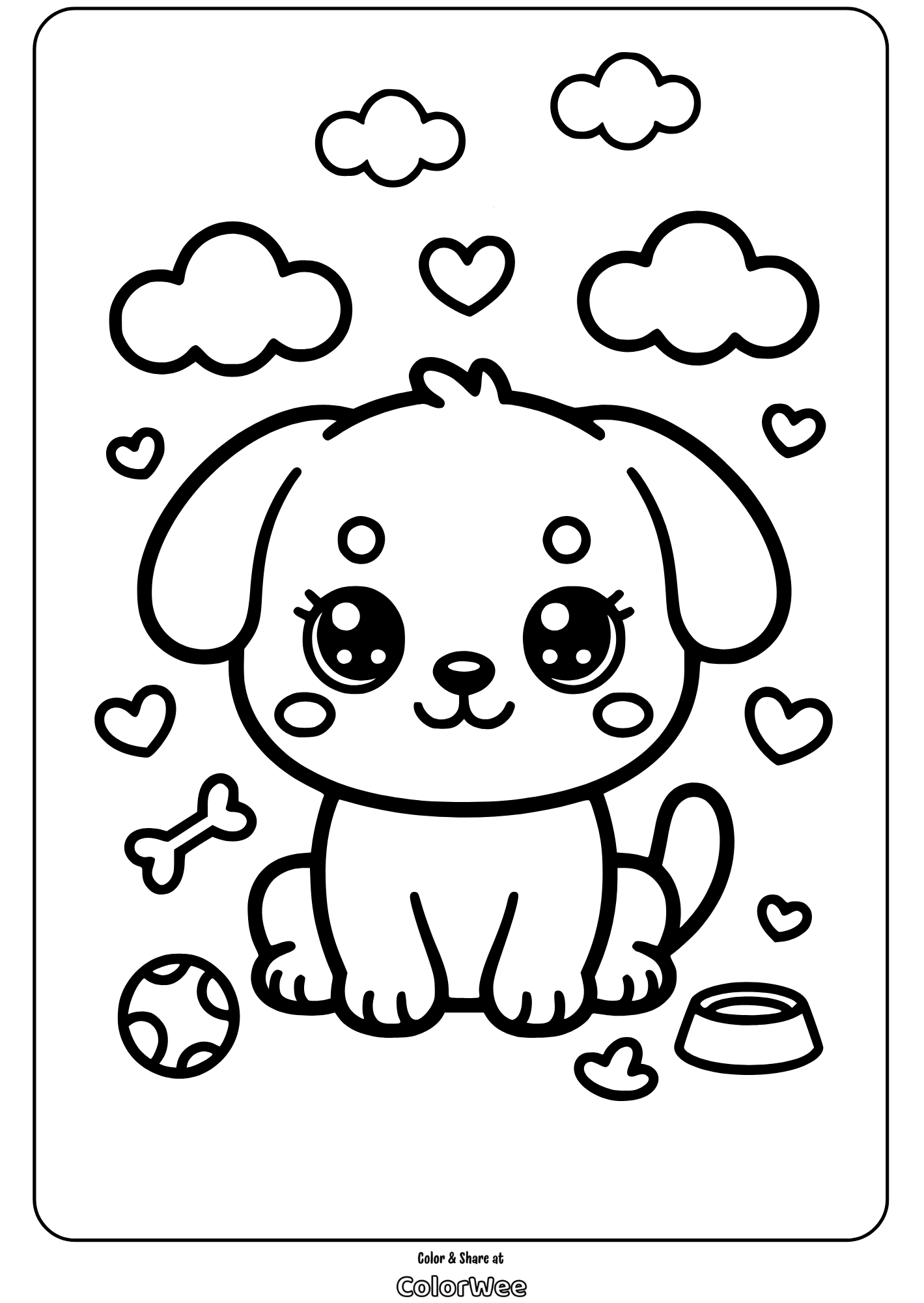 kawaii pets cute puppy clouds coloring page Cute puppy coloring page with hearts and clouds.