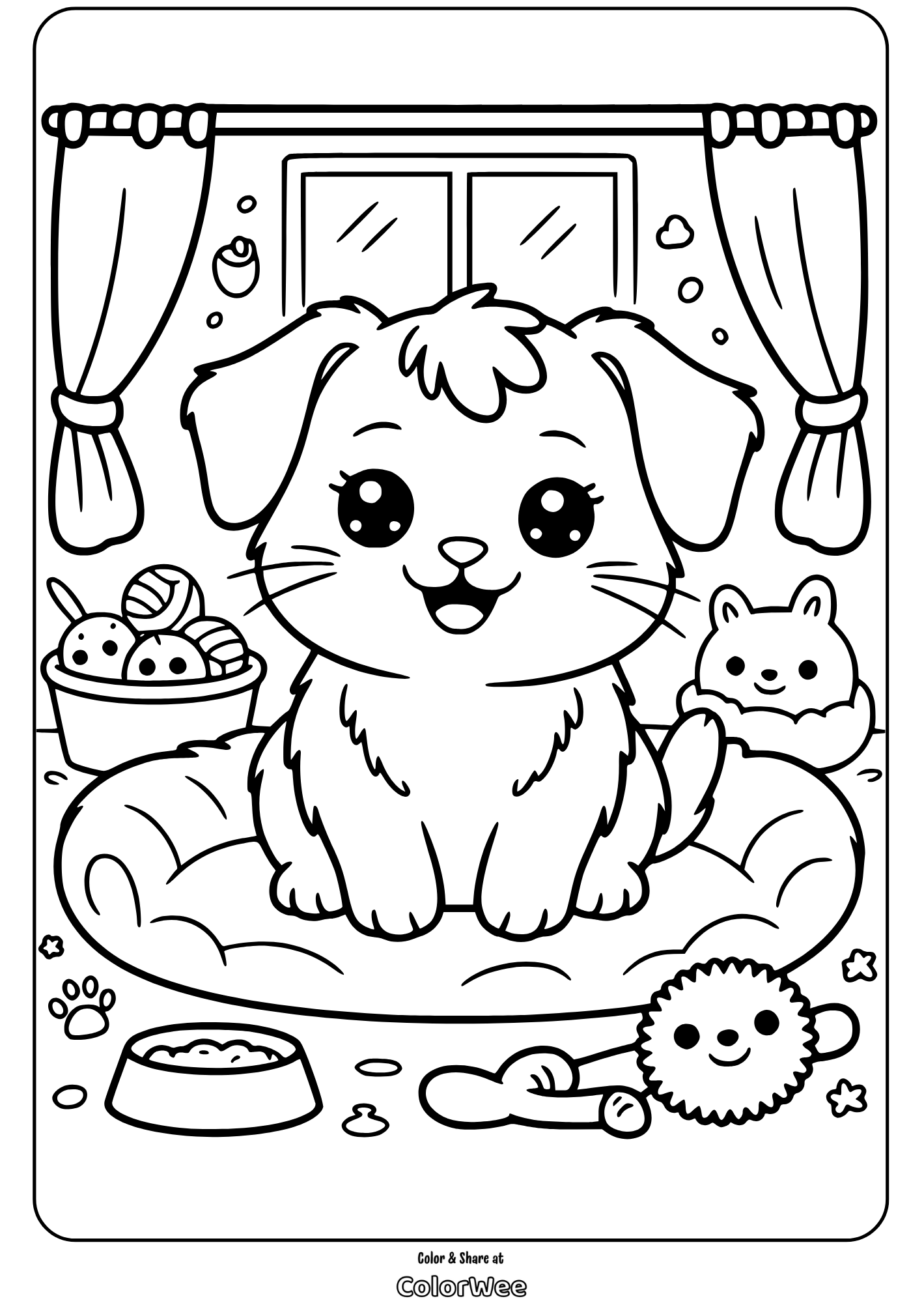 kawaii pets fluffy puppy bedroom coloring page coloring page Cute puppy coloring page with toys and pet bed.