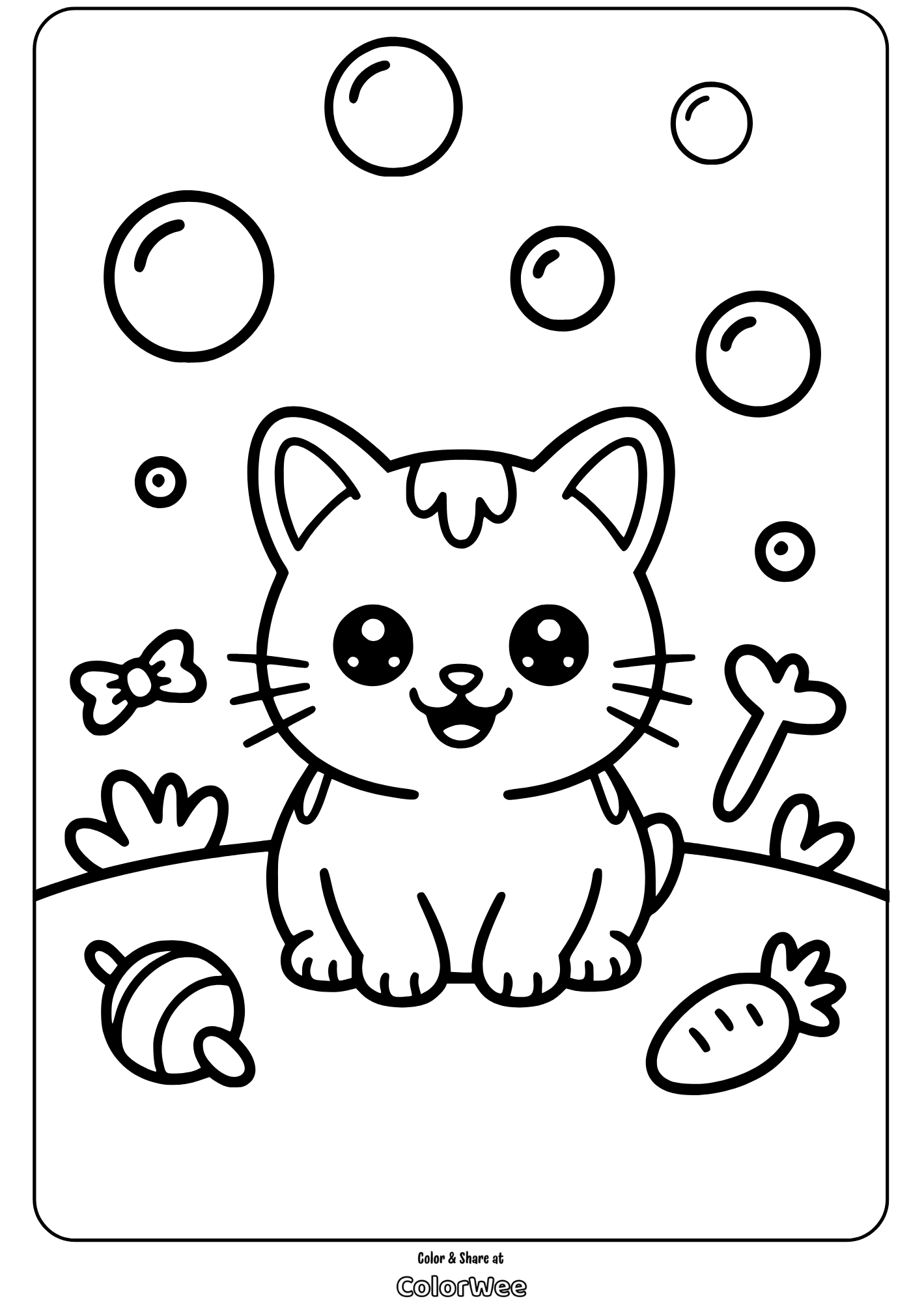kawaii pets kitten bubbles coloring page Cute kitten with bubbles coloring page.