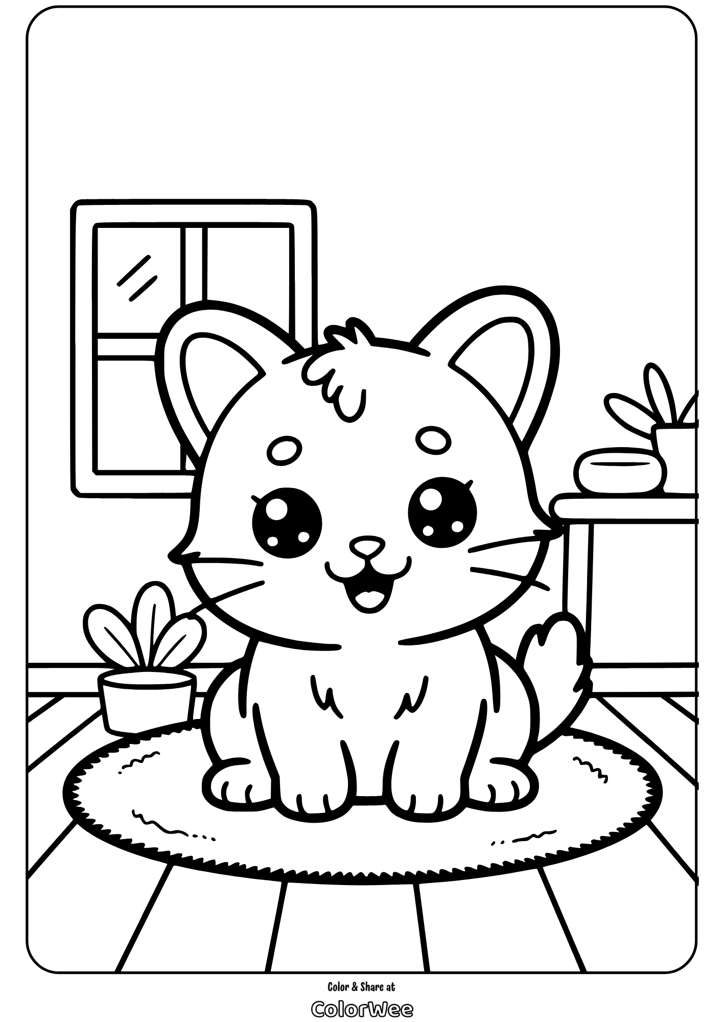 kawaii pets kitten indoor room coloring page Cute kitten on a rug coloring page with plants and window background.