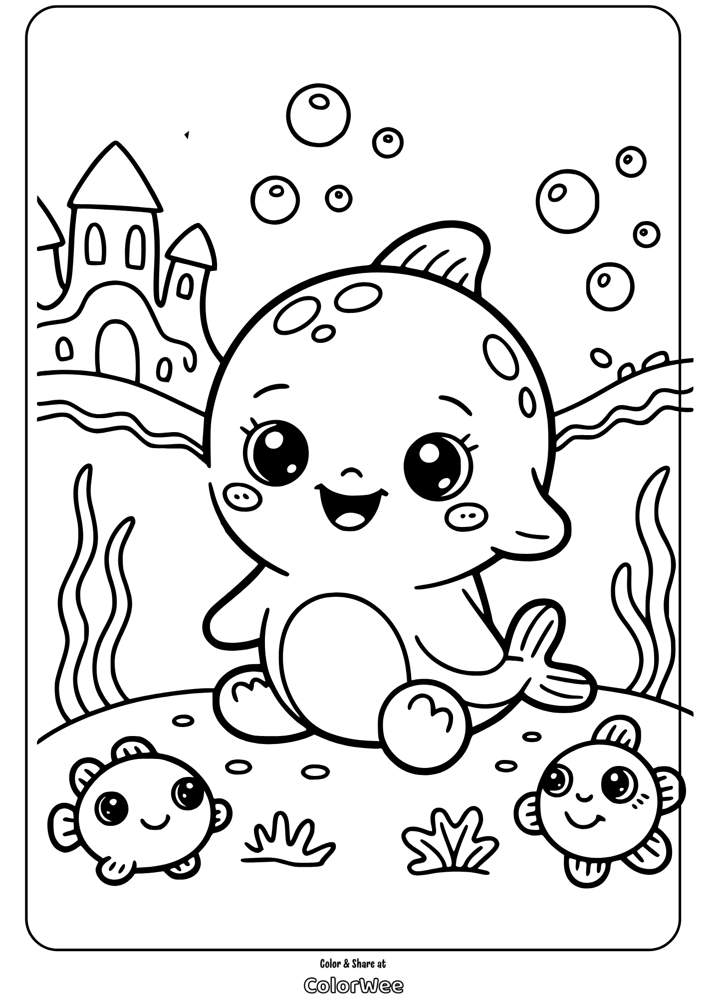 kawaii sea animals baby seal with fish coloring page Cute underwater scene with baby fish and castle coloring page.