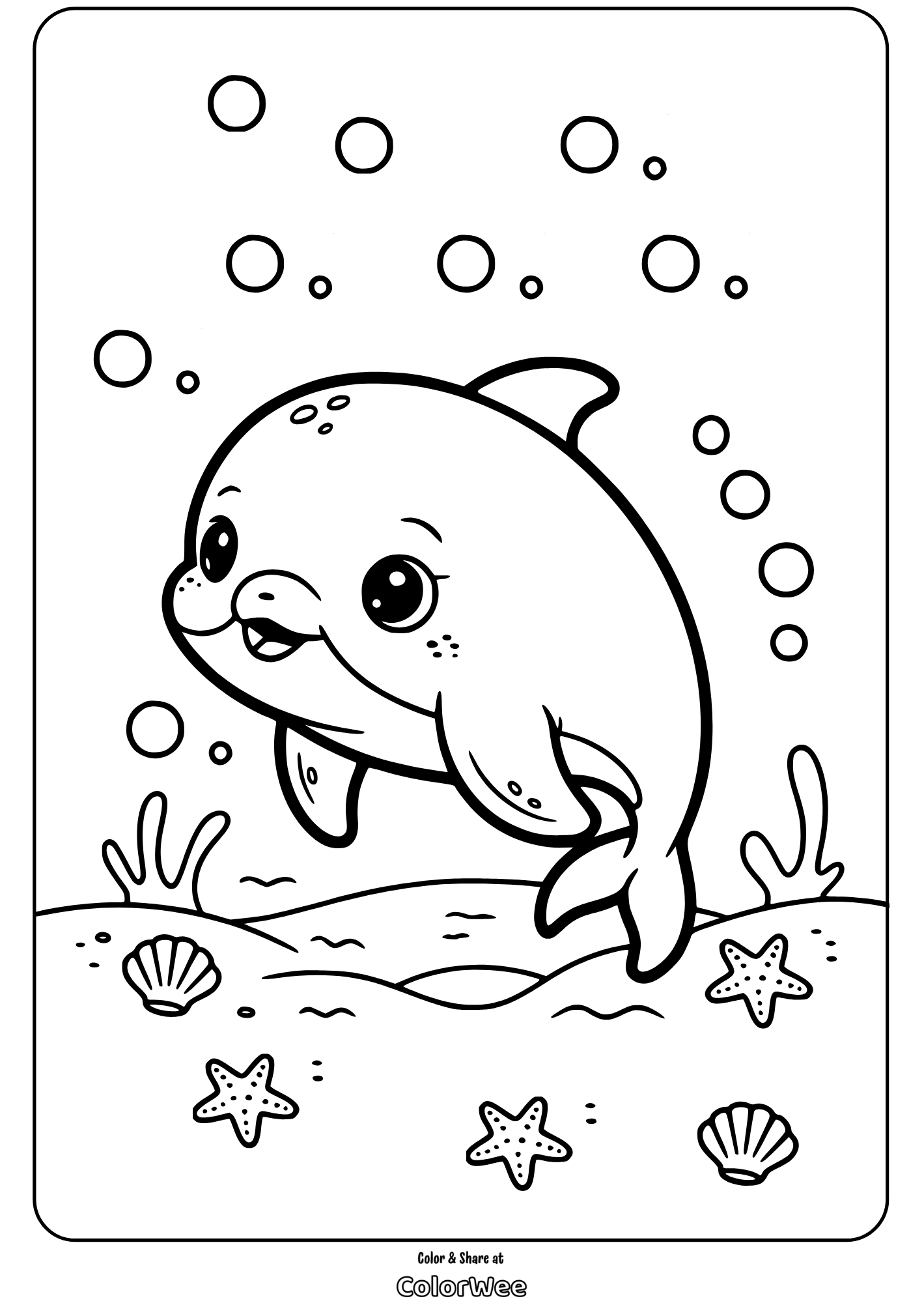 kawaii sea animals dolphin swimming coloring page Cute dolphin coloring page with stars and bubbles underwater.