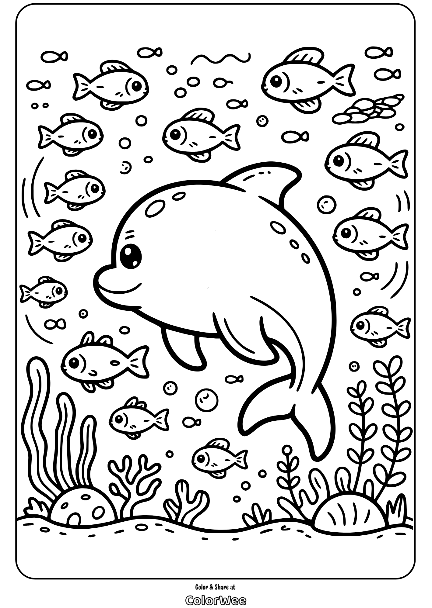 kawaii sea animals dolphin with fish coloring page Whale and fish ocean scene coloring page for kids.