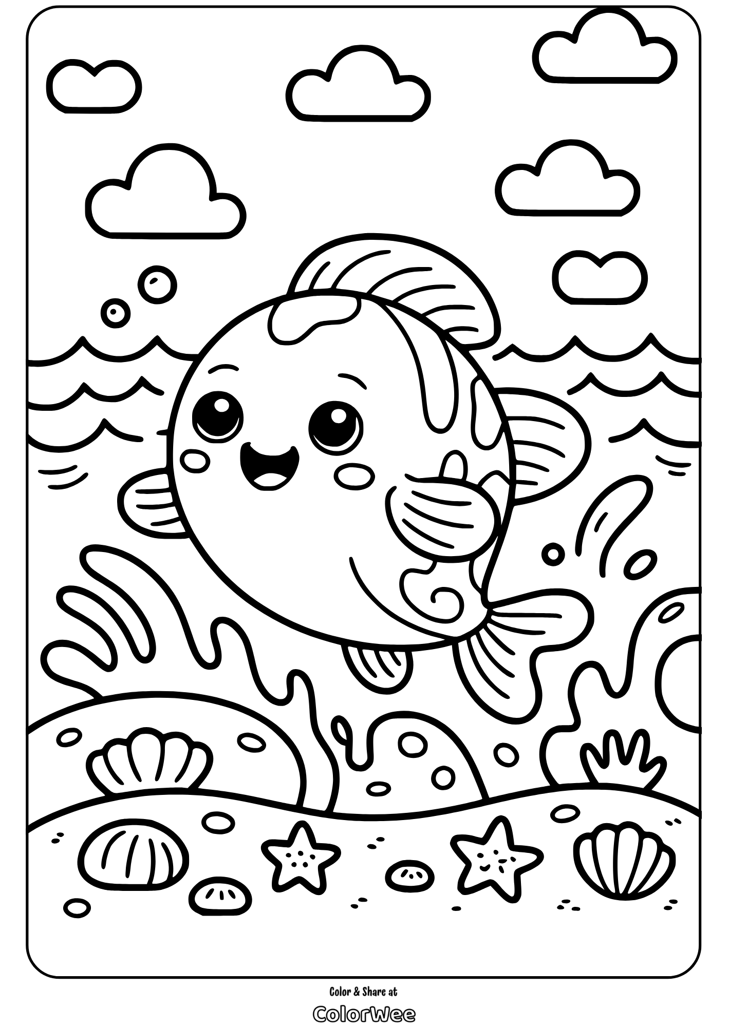 kawaii sea animals happy ocean fish coloring page Happy fish coloring page with underwater scenery, clouds, and seashells.