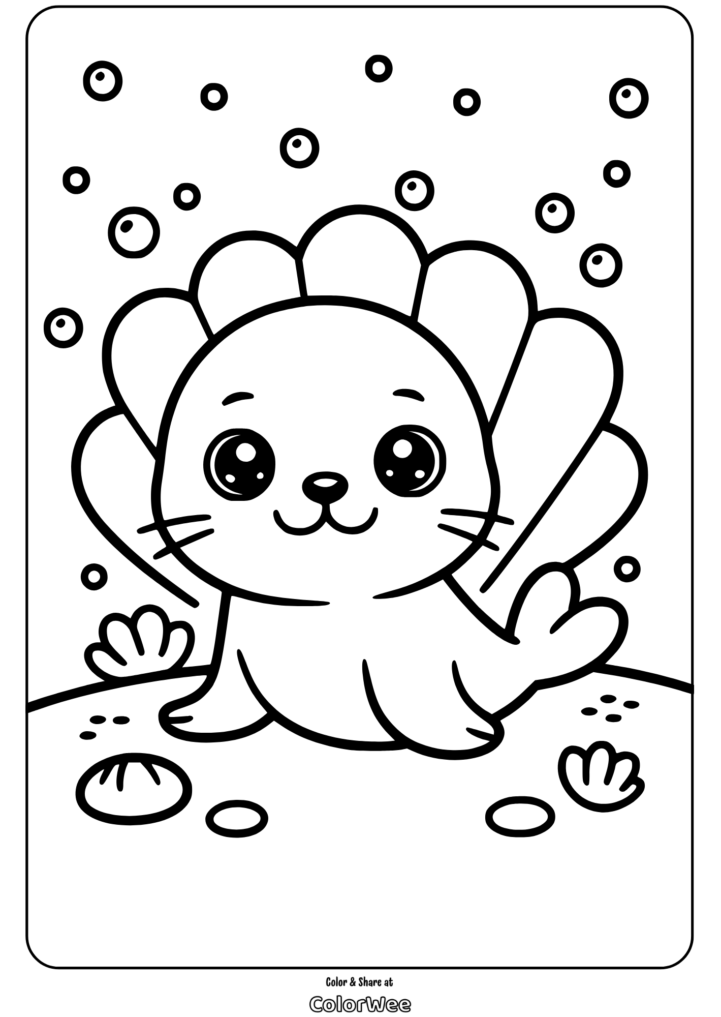 kawaii sea animals seal with shell coloring page Cute sea lion coloring page with bubbles and shells.