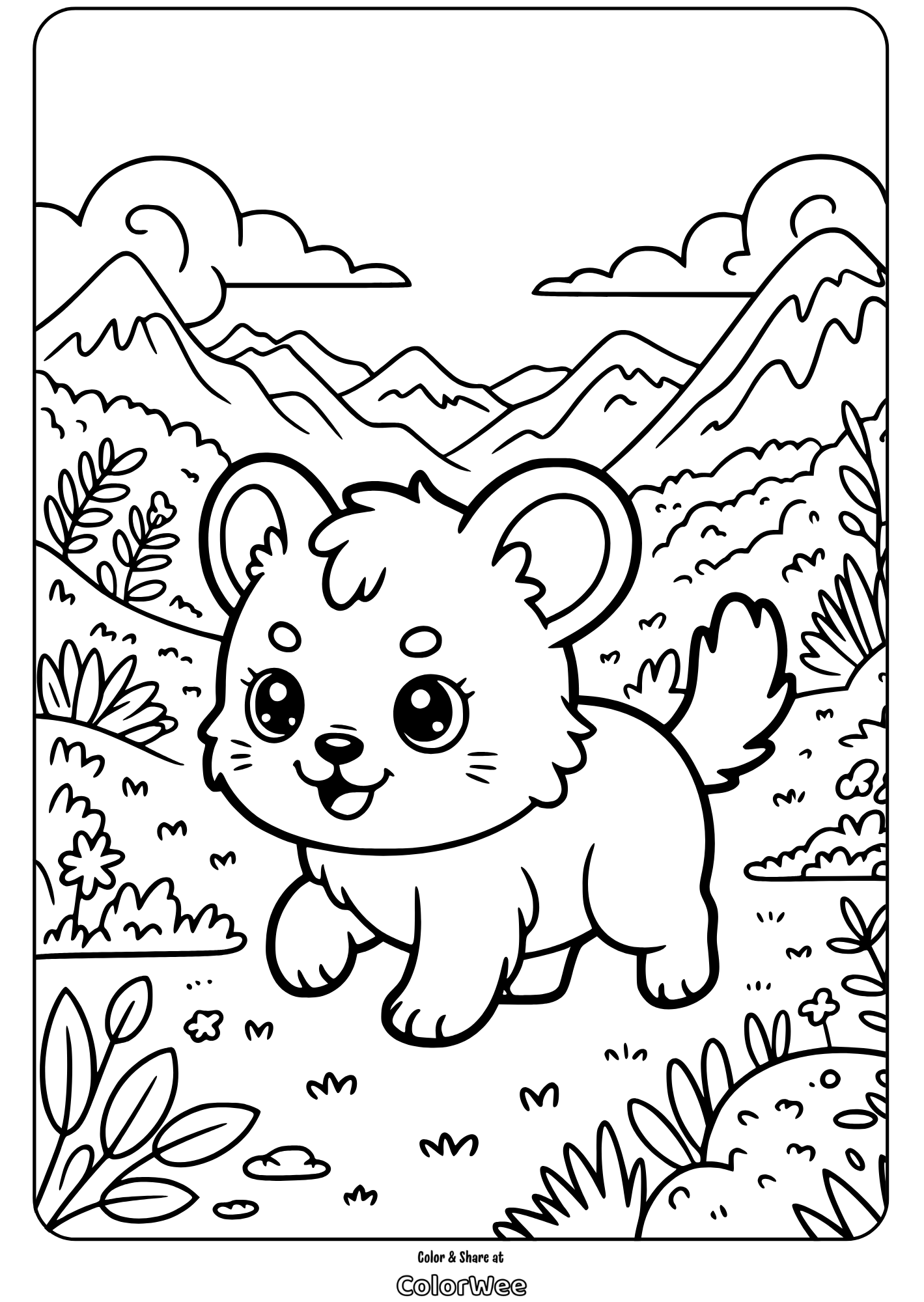 kawaii wild animals baby bear coloring page Cute lion cub coloring page in a mountain landscape.