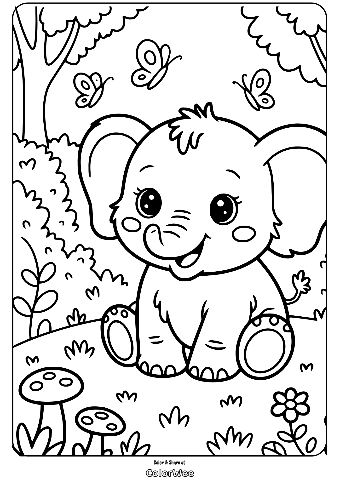 kawaii wild animals baby elephant coloring page Cute baby elephant coloring page with butterflies in a forest.