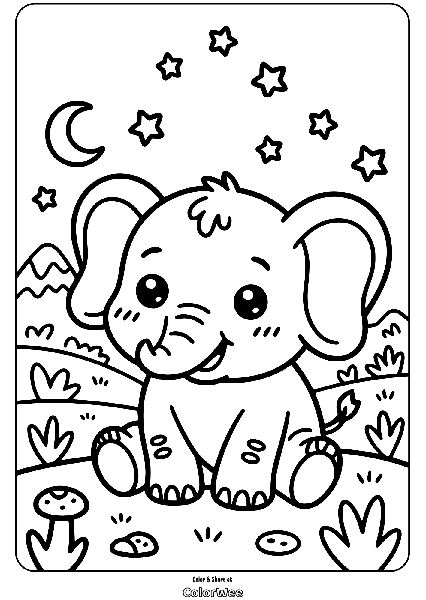kawaii wild animals baby elephant night scene coloring page Cute baby elephant coloring page with stars and moon.