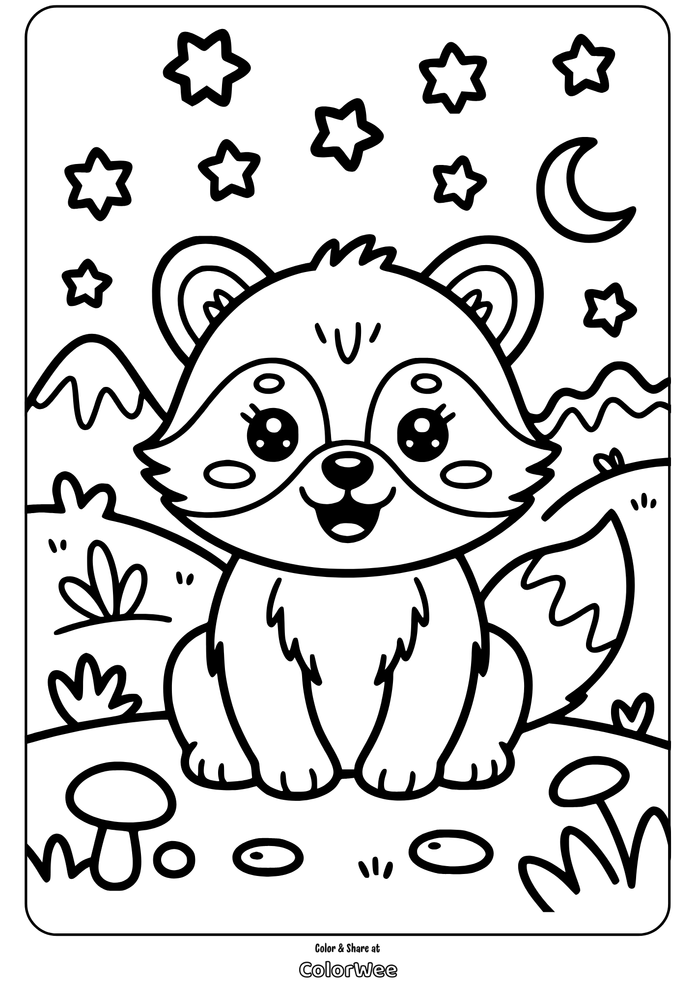 kawaii wild animals baby raccoon coloring page Cute raccoon coloring page under stars and crescent moon.