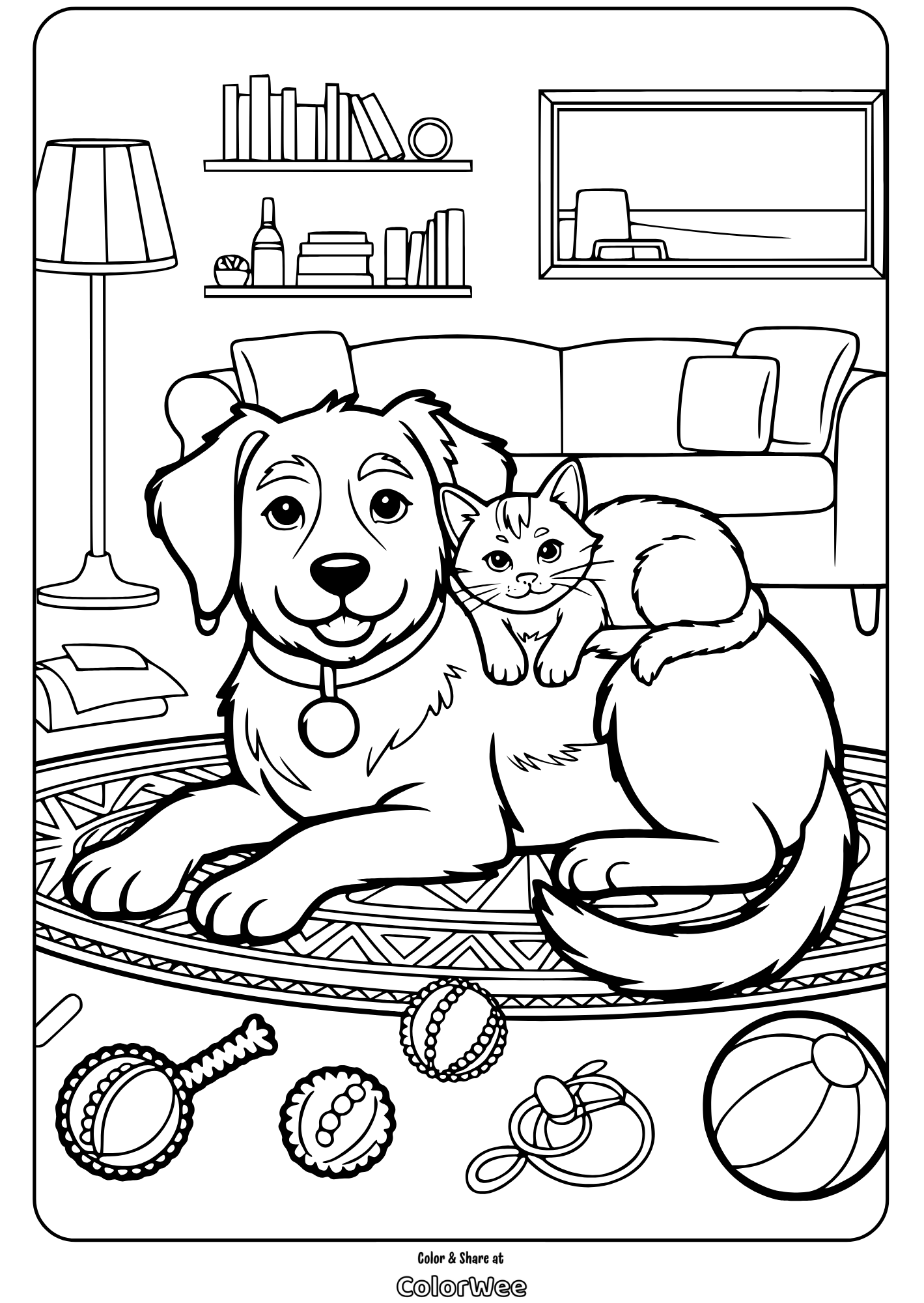 Dog and cat relaxing together in a cozy living room.