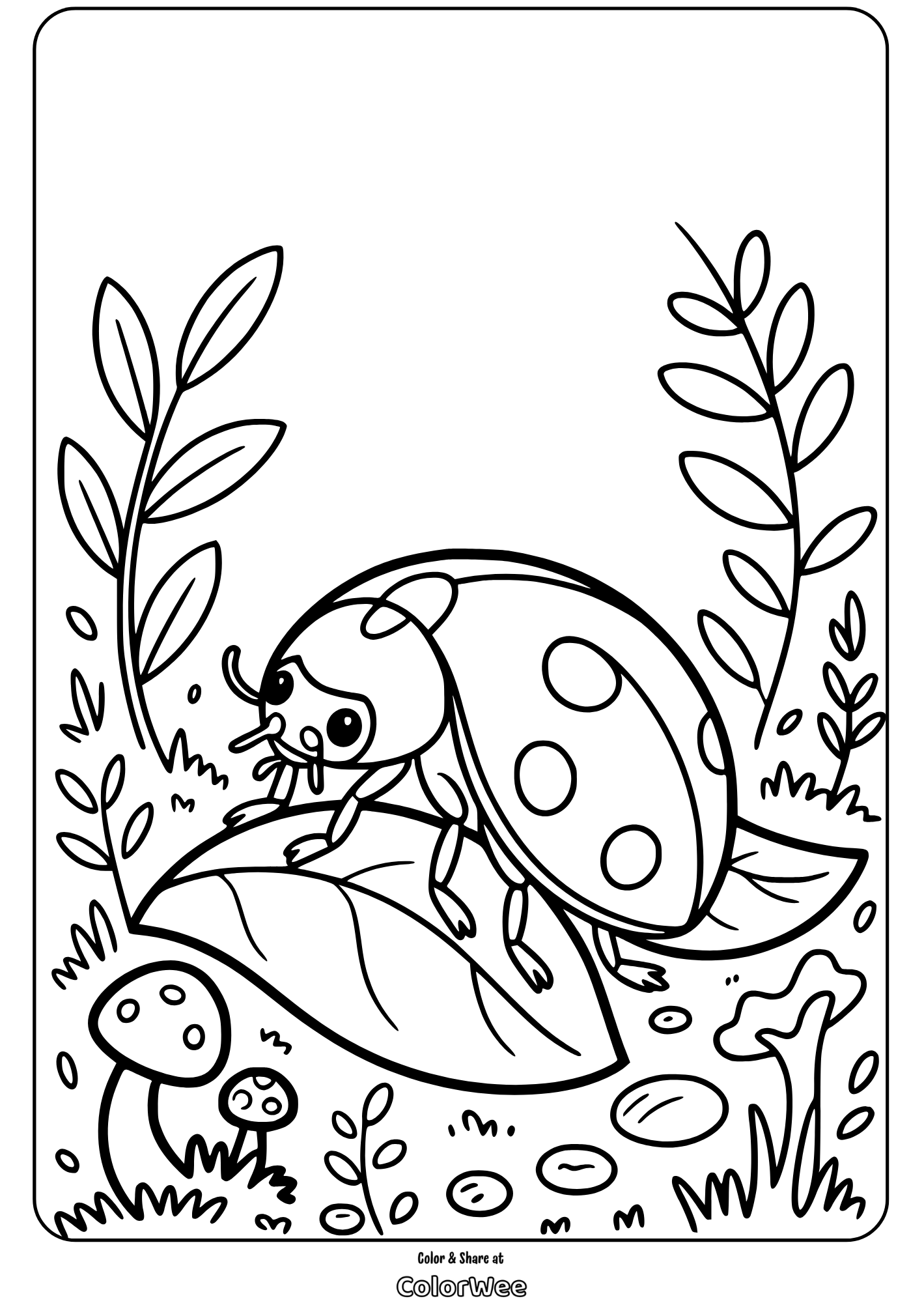 Ladybug on a leaf coloring page with forest background.