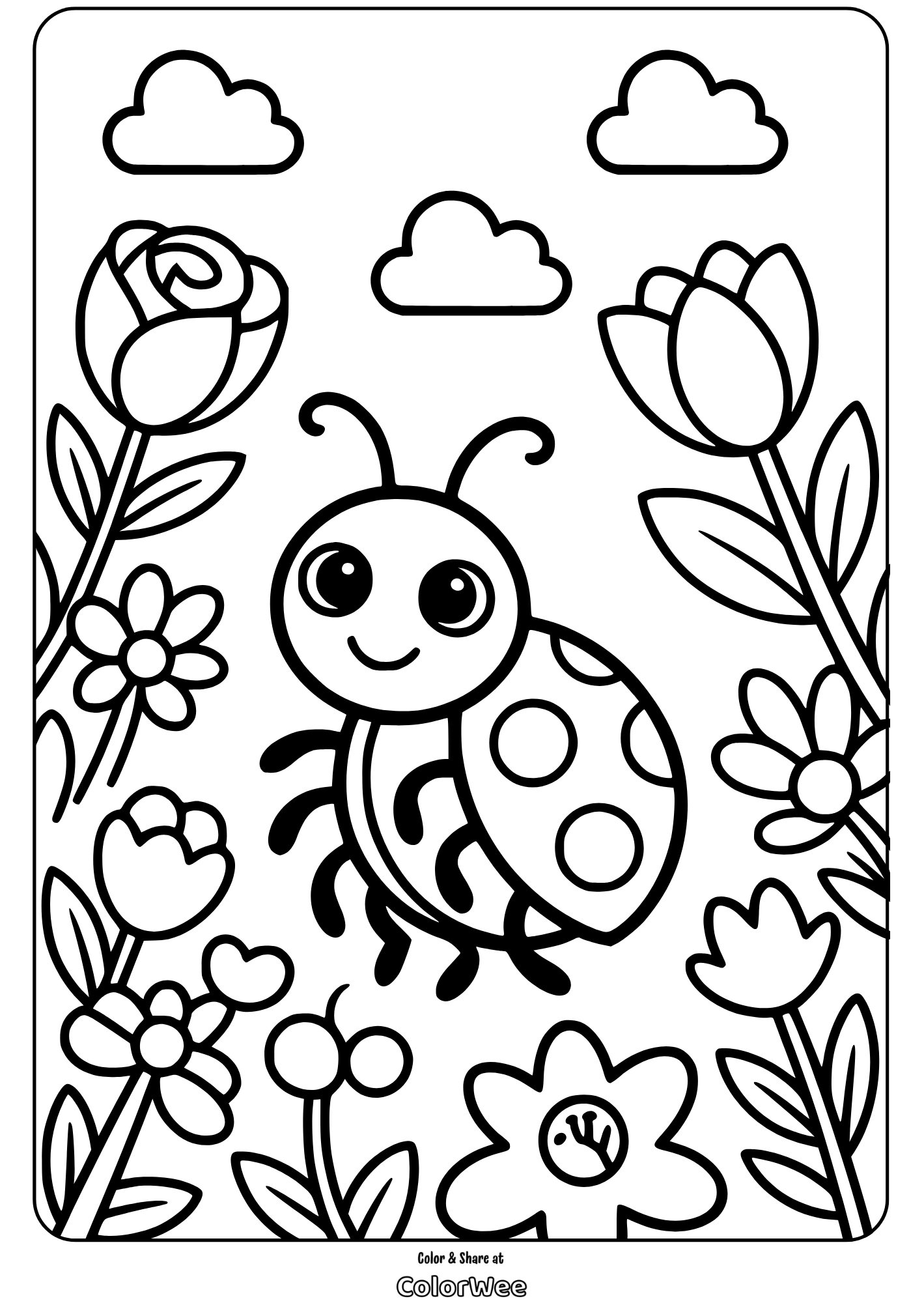 Cute ladybug in a flower garden coloring page for kids.