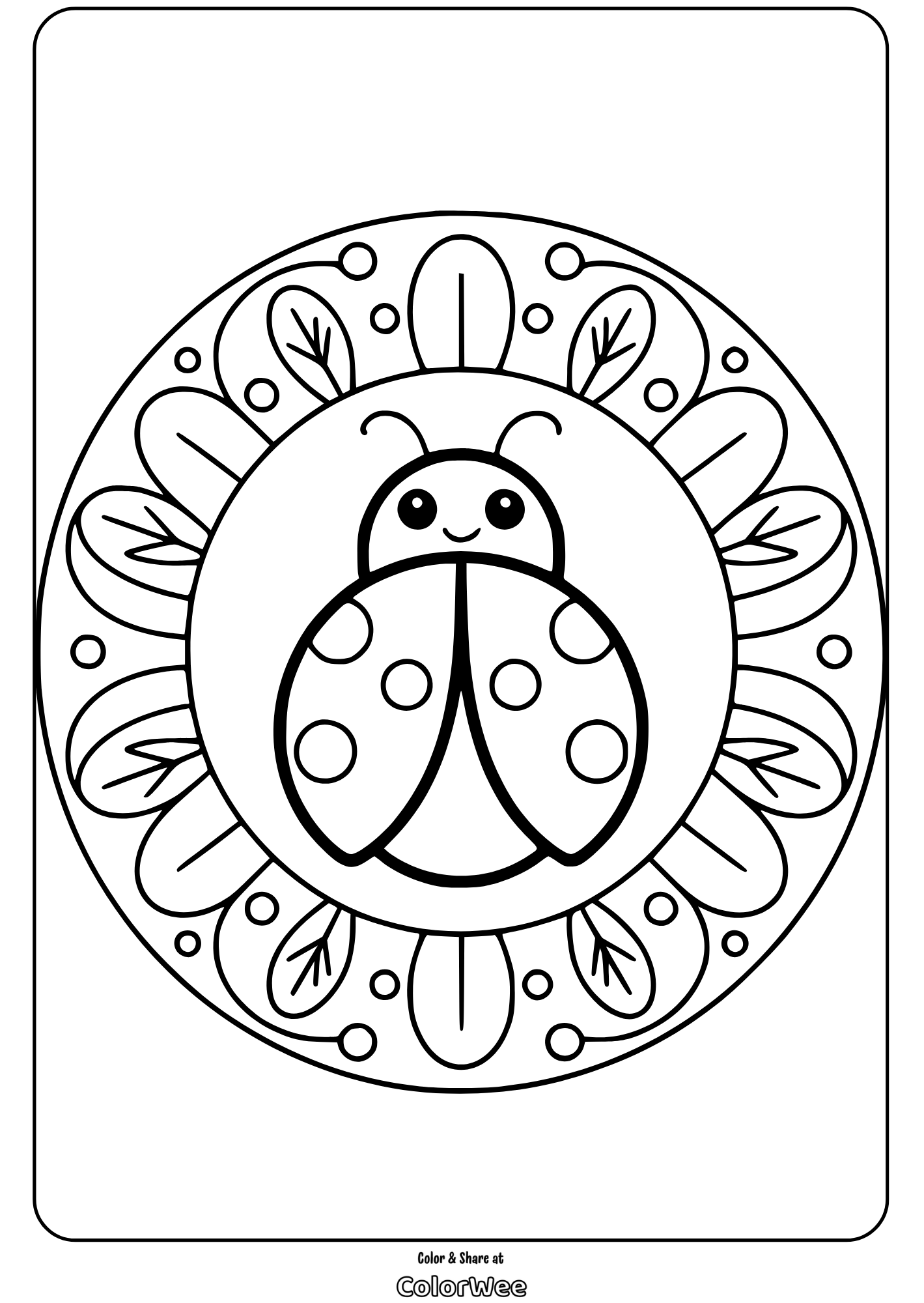 Ladybug mandala coloring page with leaves and circles.